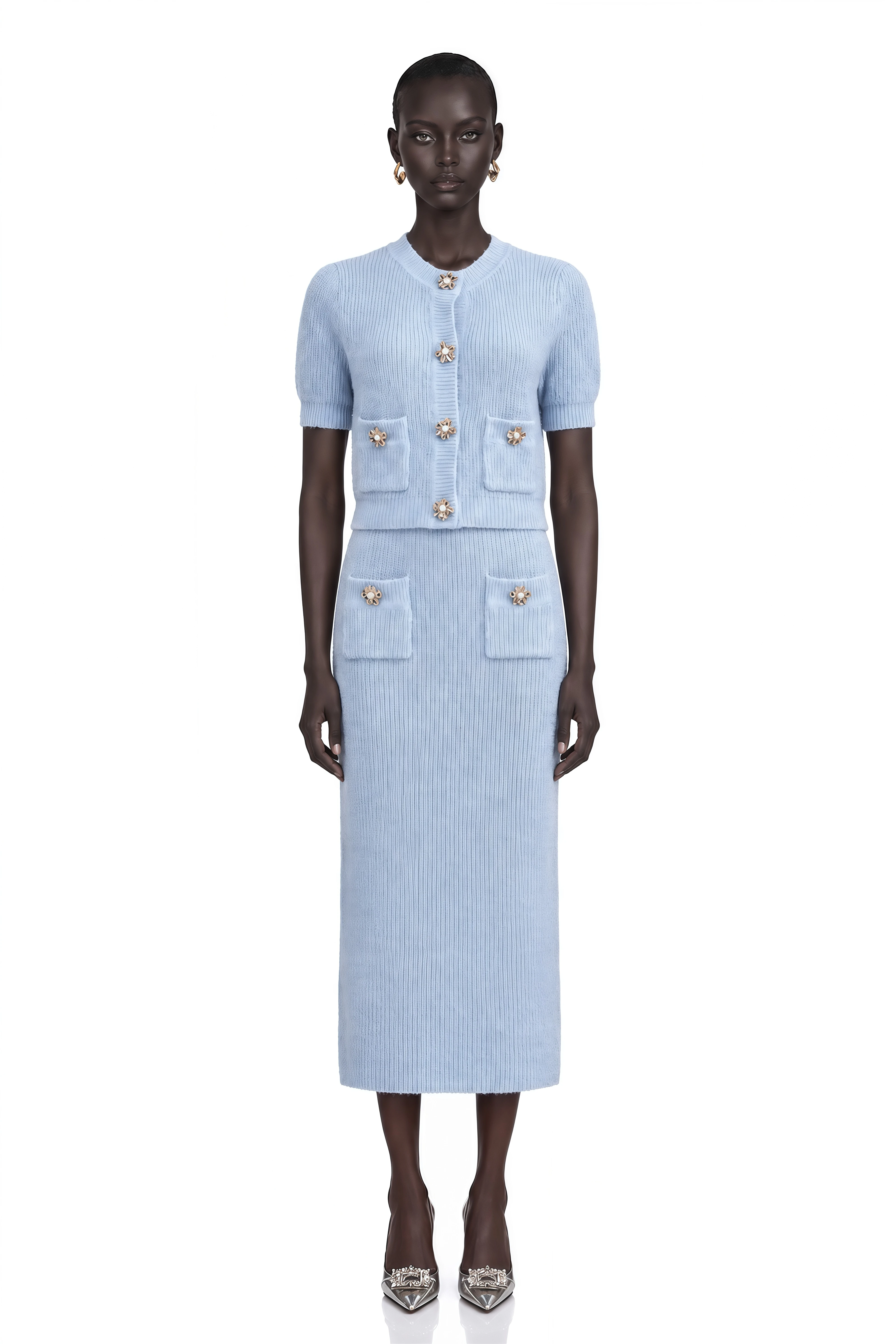Chantal Blue Knit Two-Piece Blouse and Skirt Set