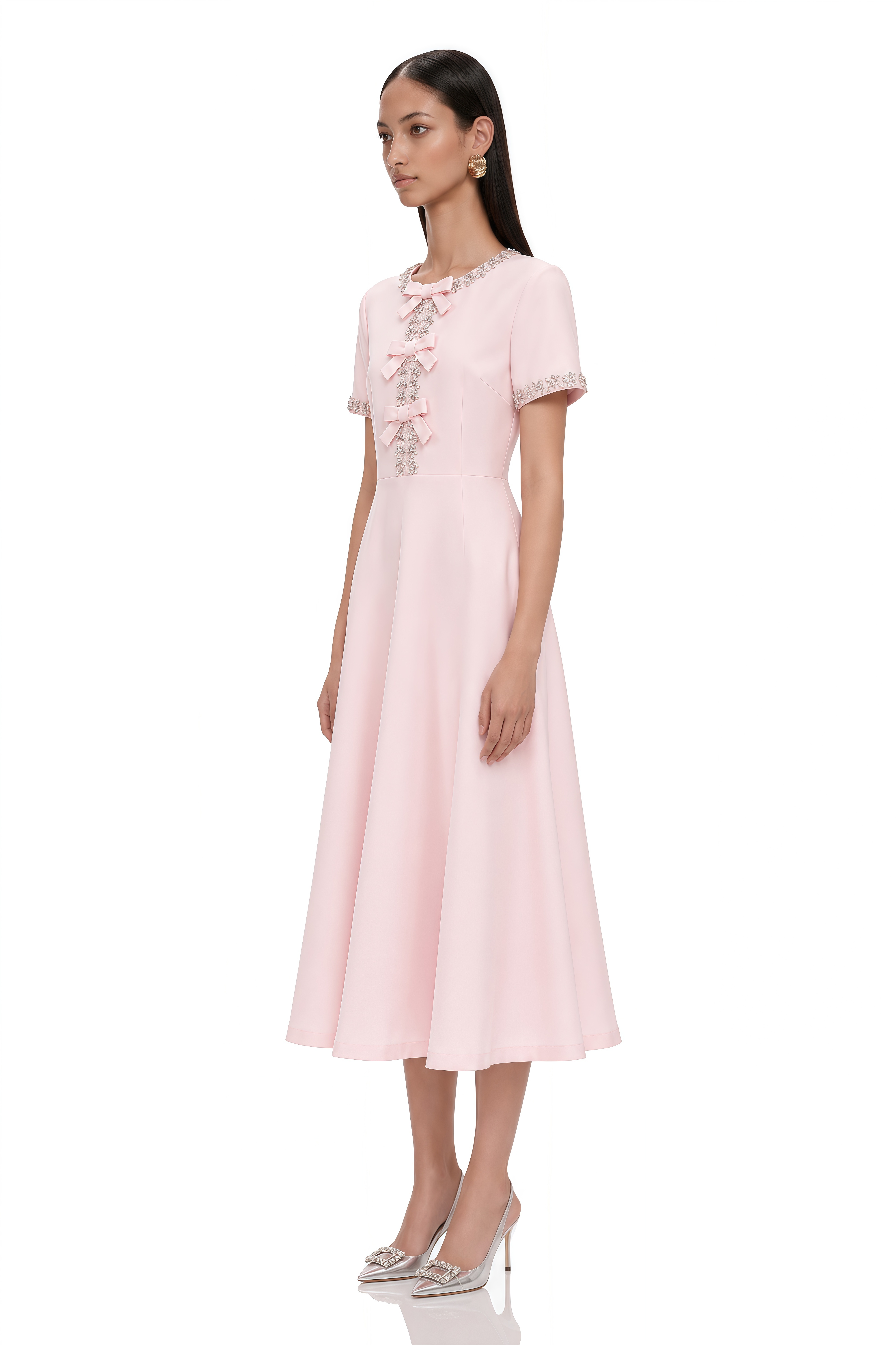 Cassiopeia Crystal-Accented Pink Bow Midi Dress