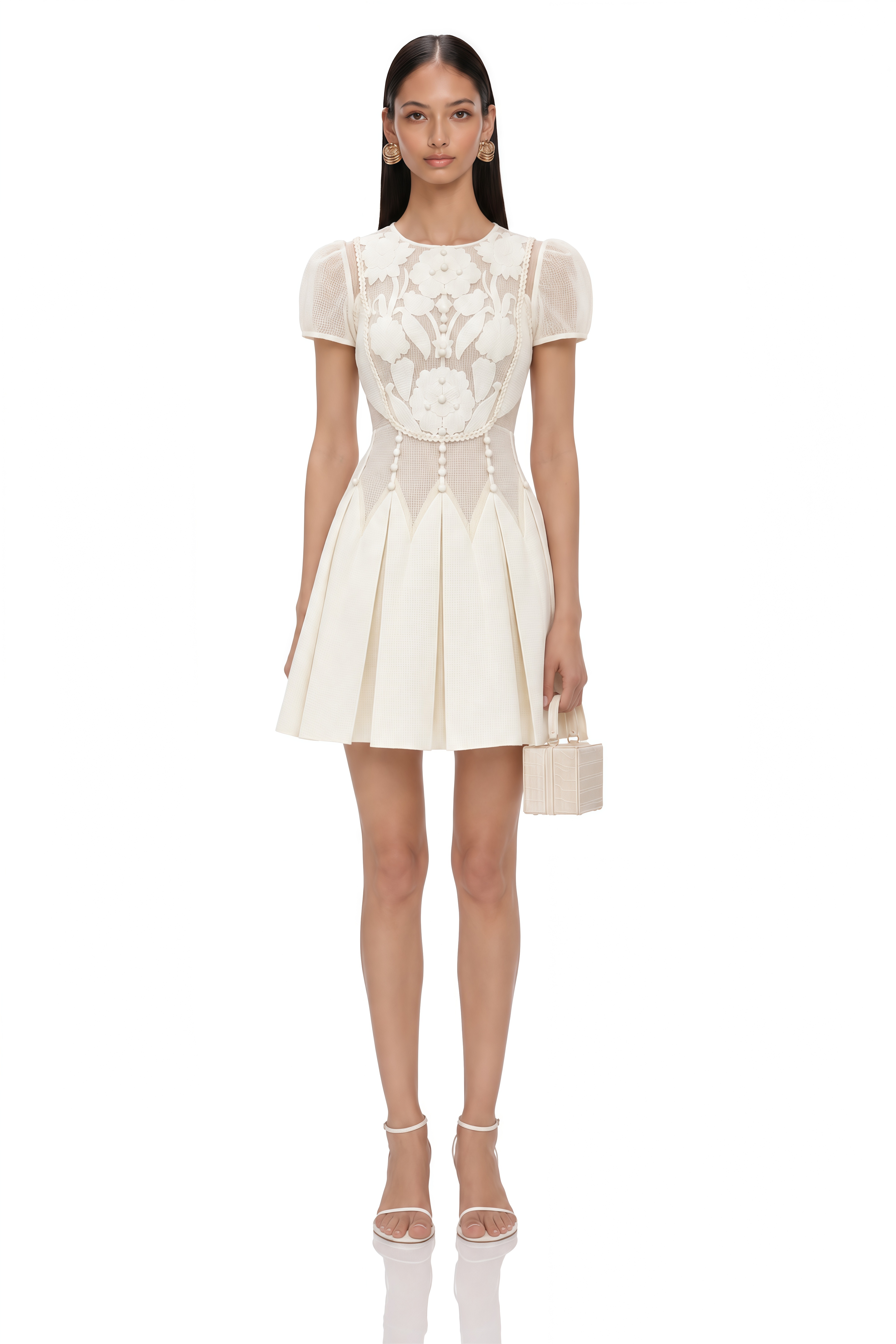 Maelle White Flower-Embroidered Mini Dress