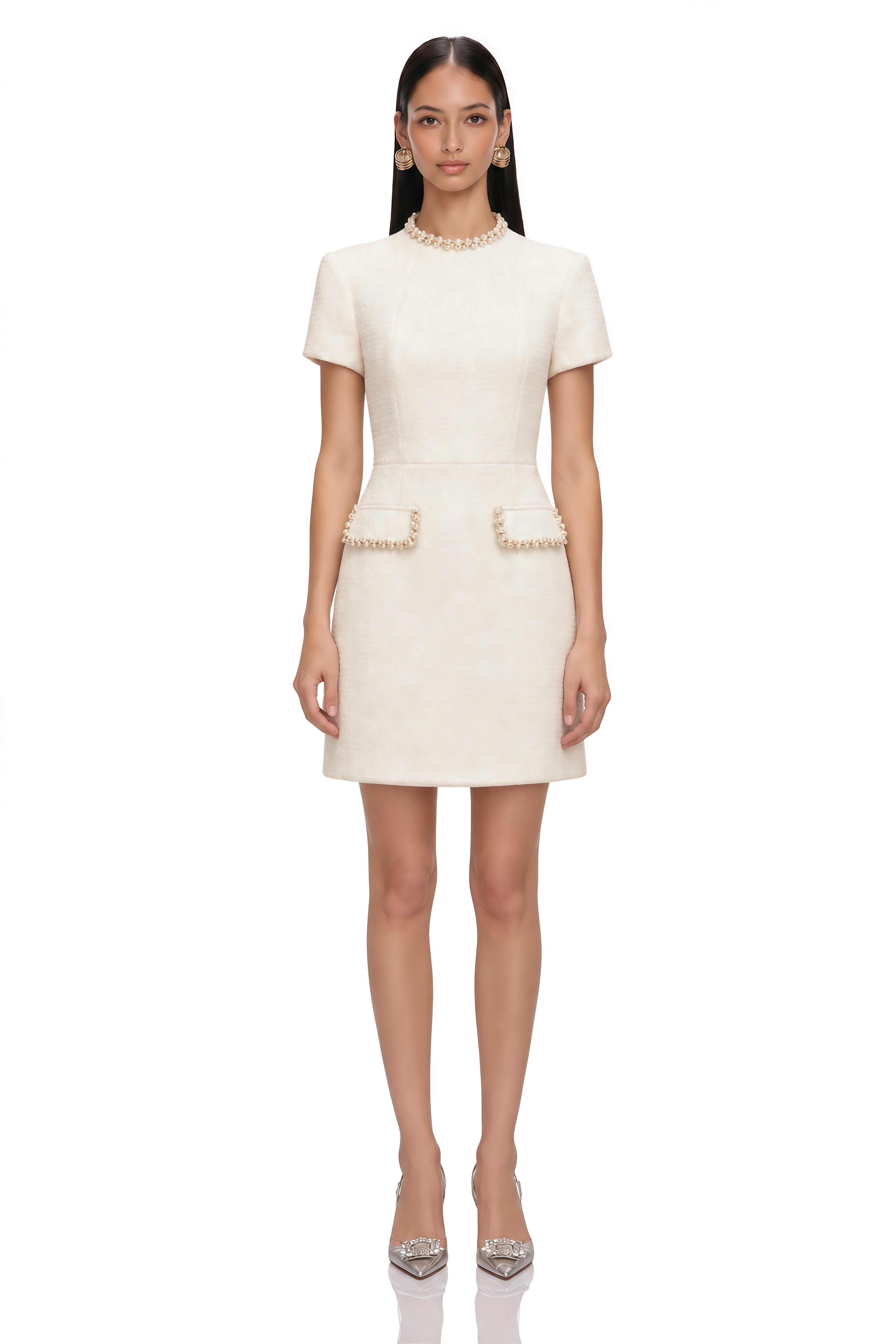 Jeanne White Embellished Tweed Mini Dress