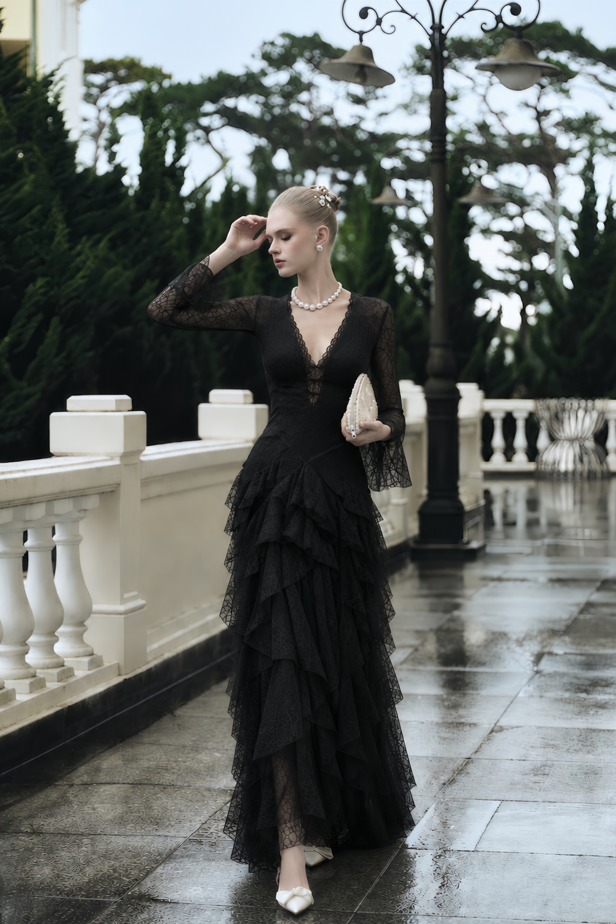 Humayma Black Lace Tiered Midi Dress