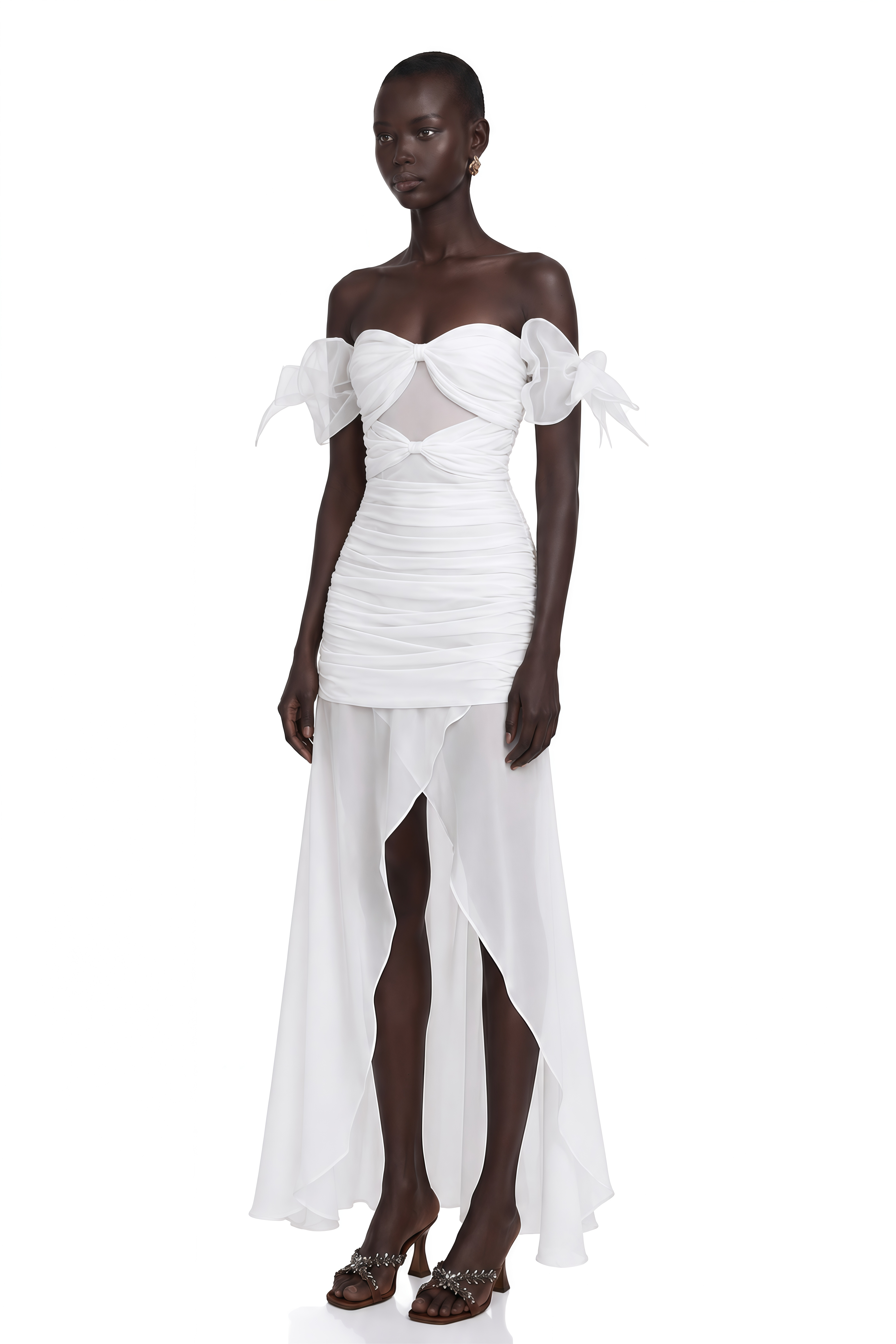 Brandusa White Bowknot Ruched Chiffon Midi Dress