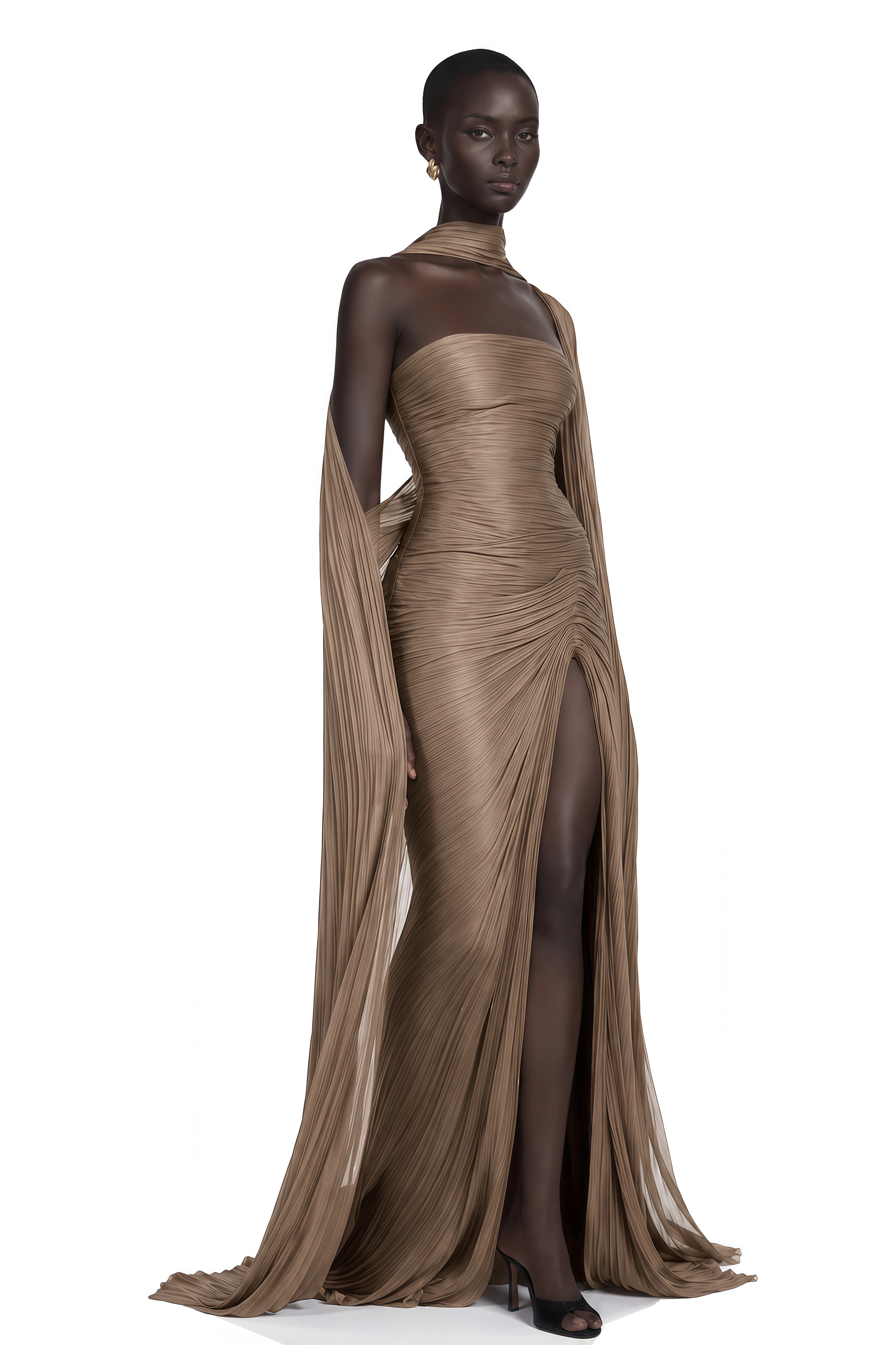 Shifra Brown Asymmetrical Cape Maxi Dress