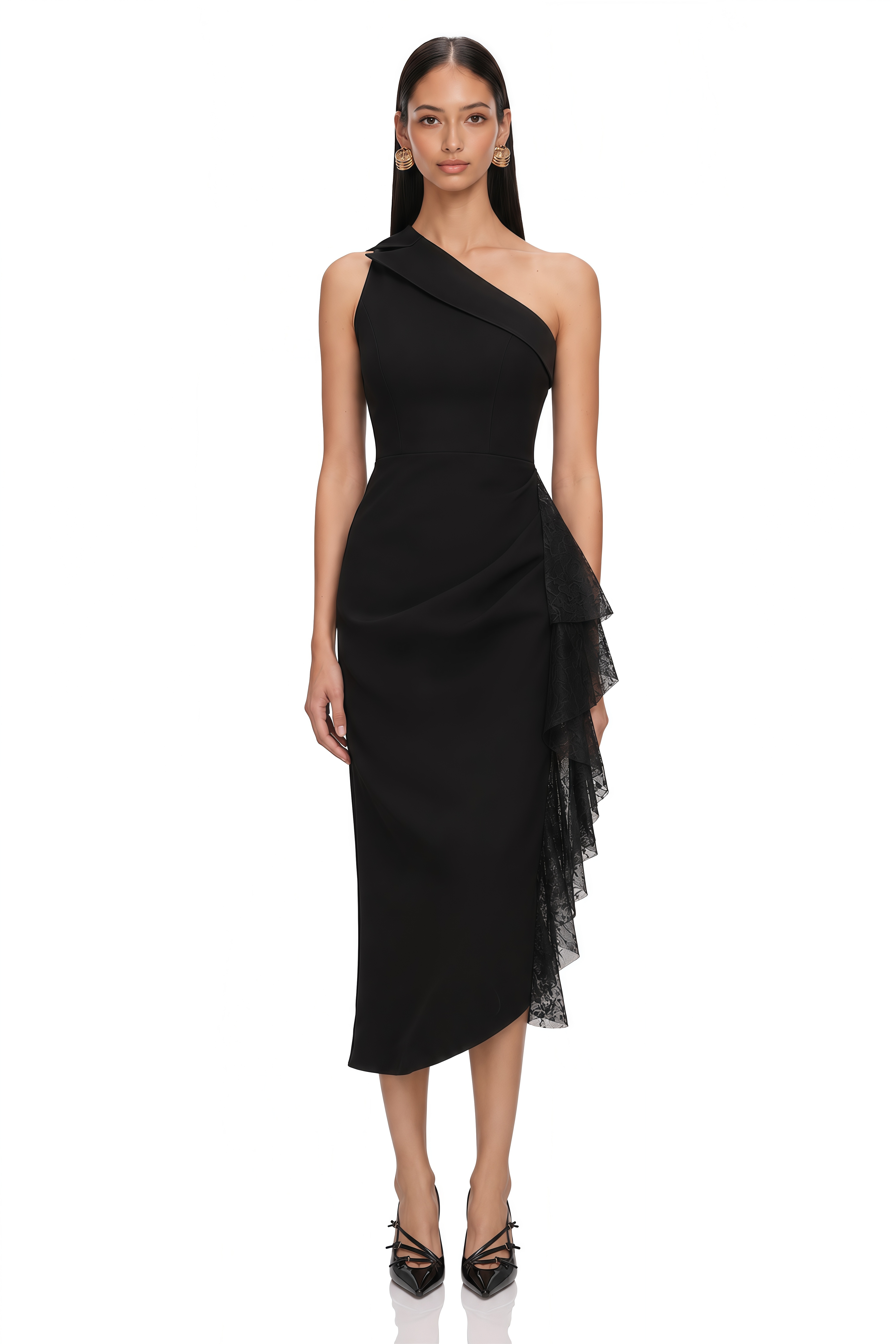 Bernadette Black Lace-Panel Asymmetrical Midi Dress