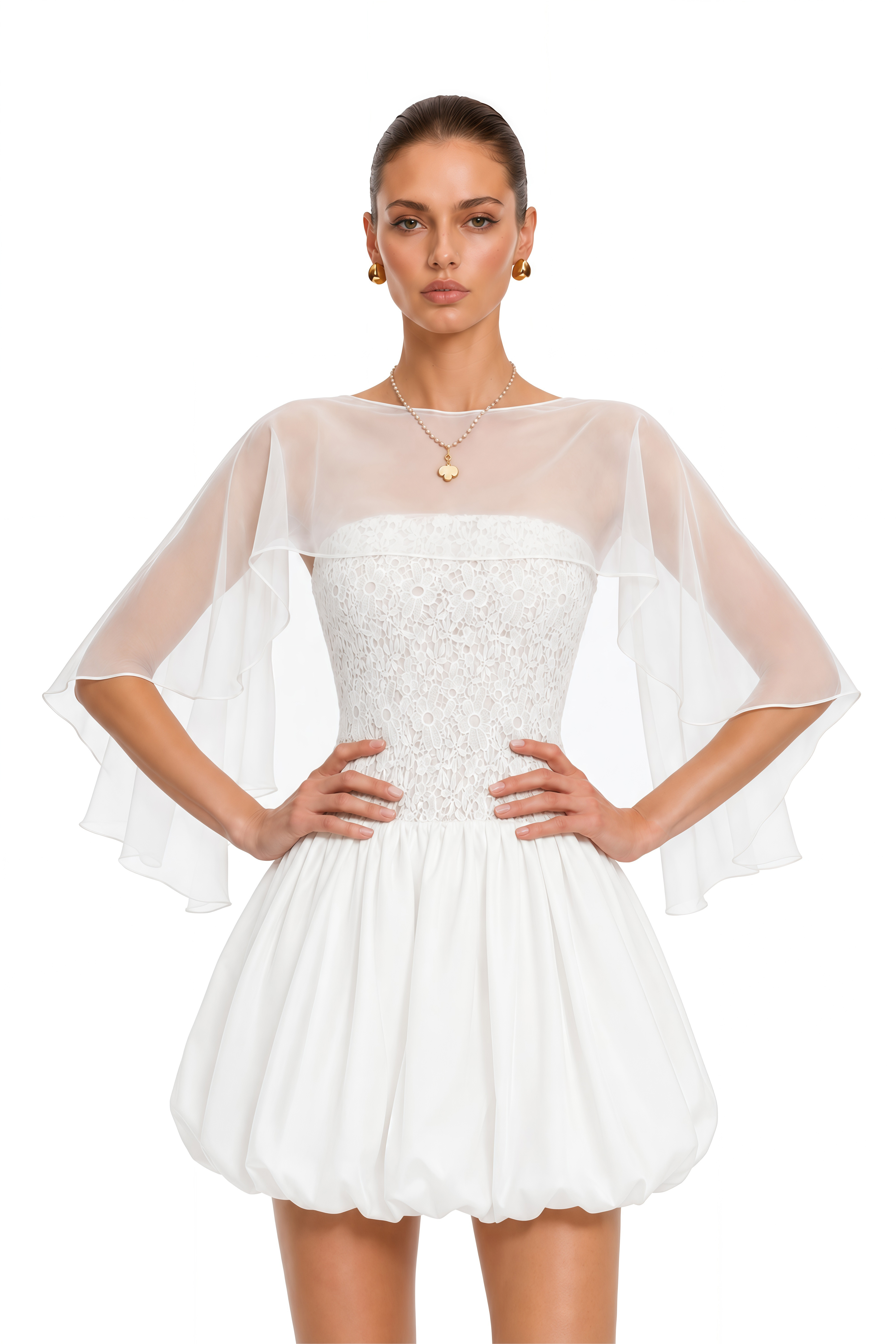Agnes White Off Shoulder Floral Panel Puffball Mini Dress with Cape