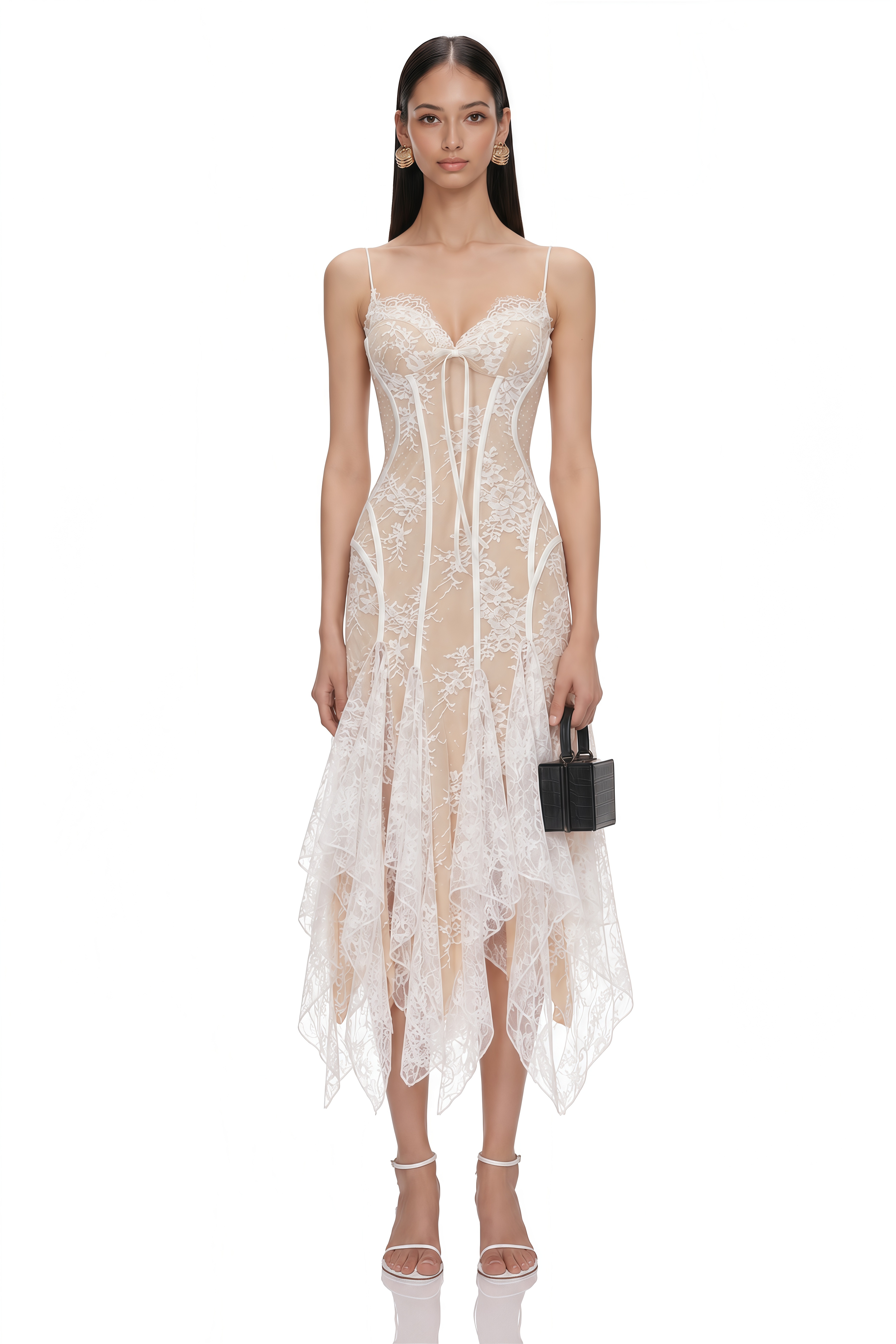 Annelise White Floral Lace Asymmetrical Midi Dress