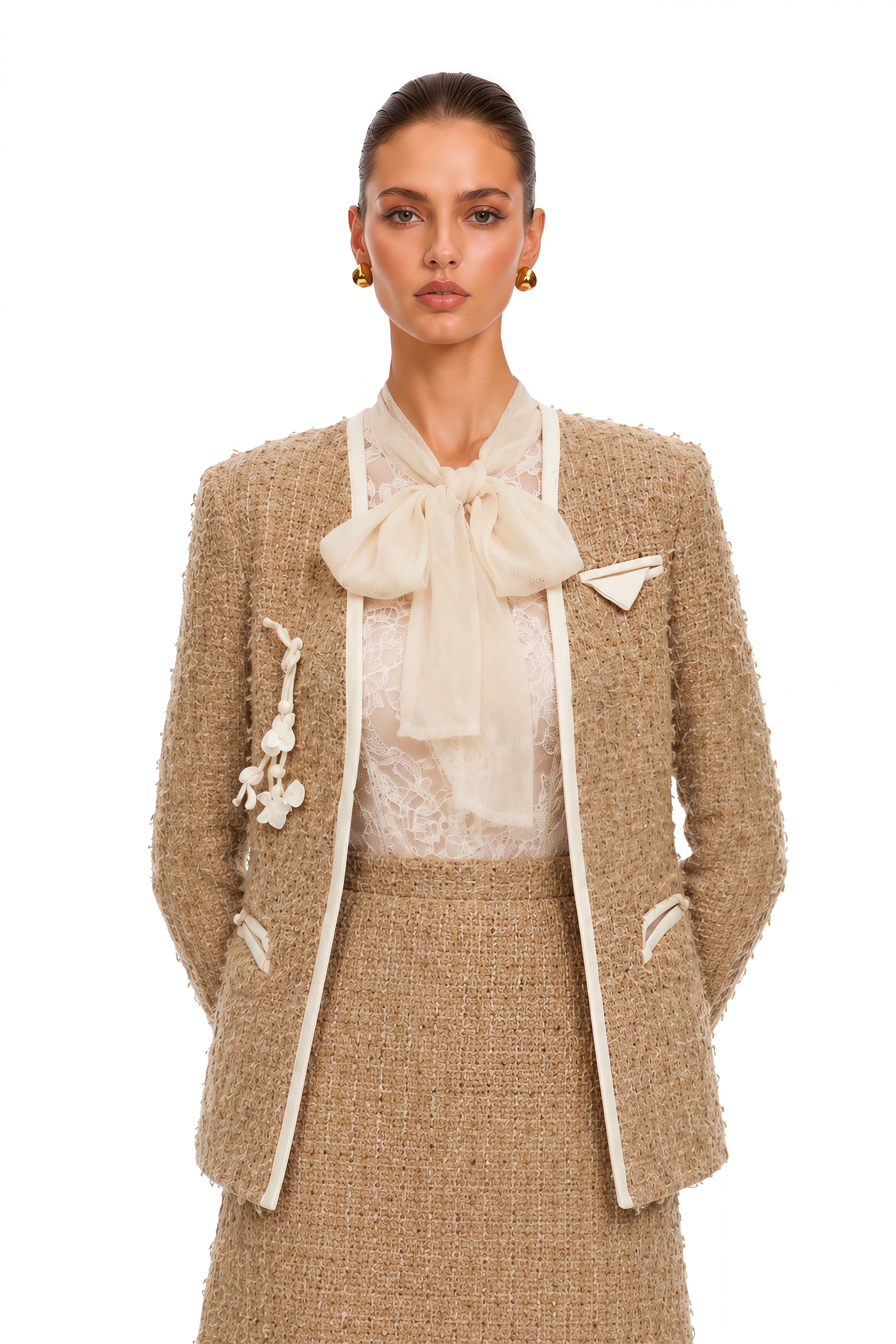 Ghita Gold Tweed Jacket & Sef-Tie Shirt & Skirt Set