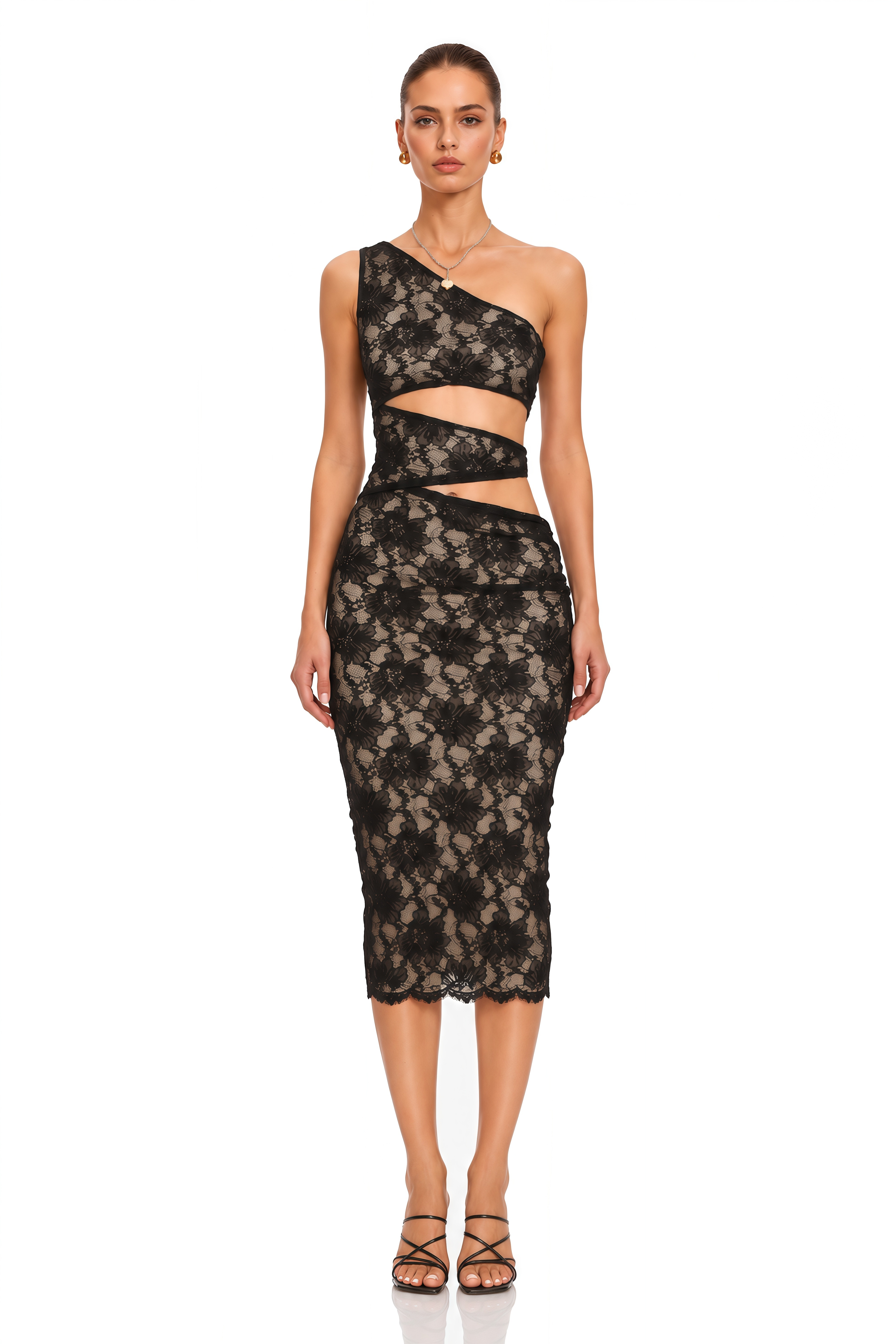 Bianca Black Cut Out Floral Lace Midi Dress