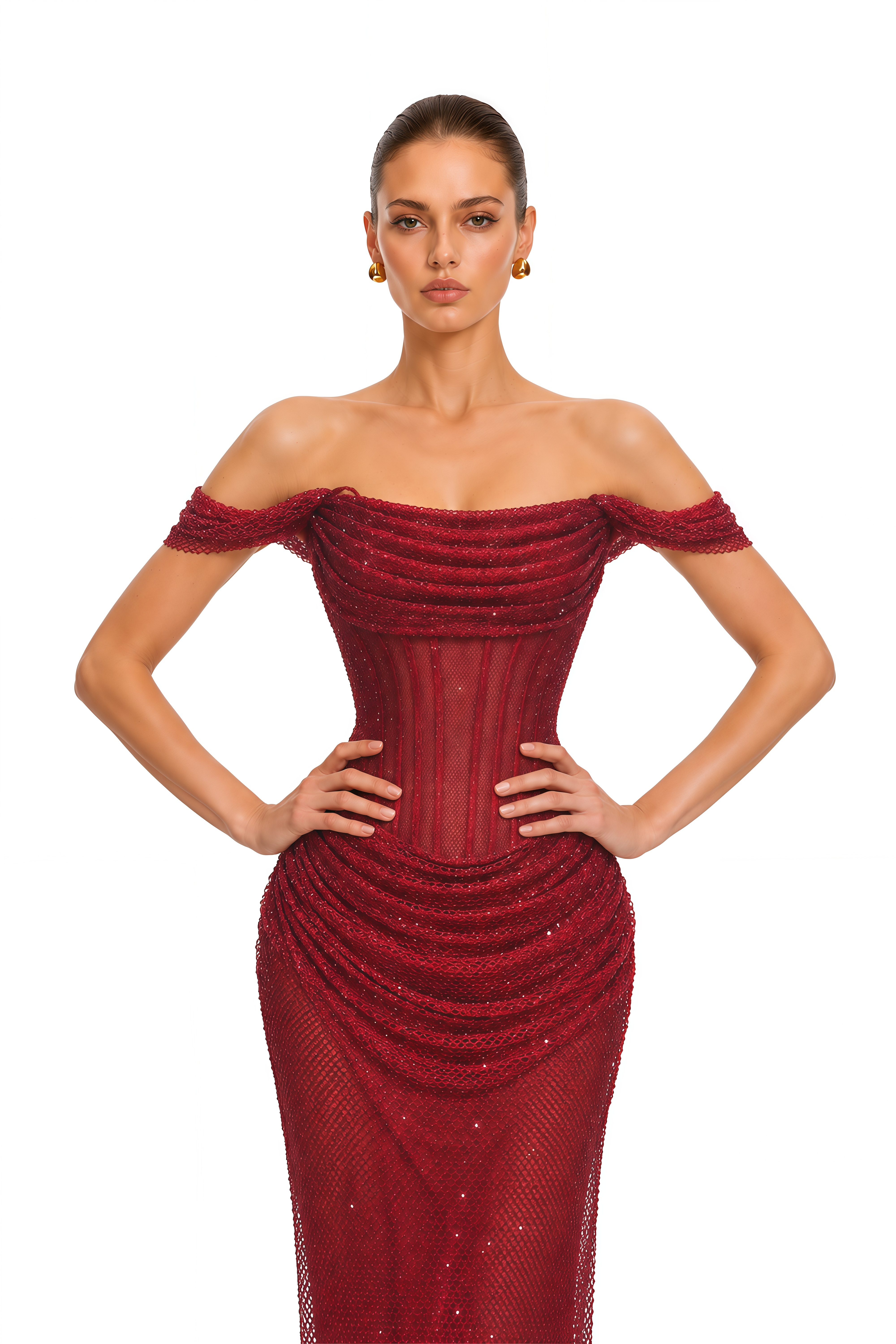 Scarlet Red Off-Shoulder Rhinestone Evening Gown