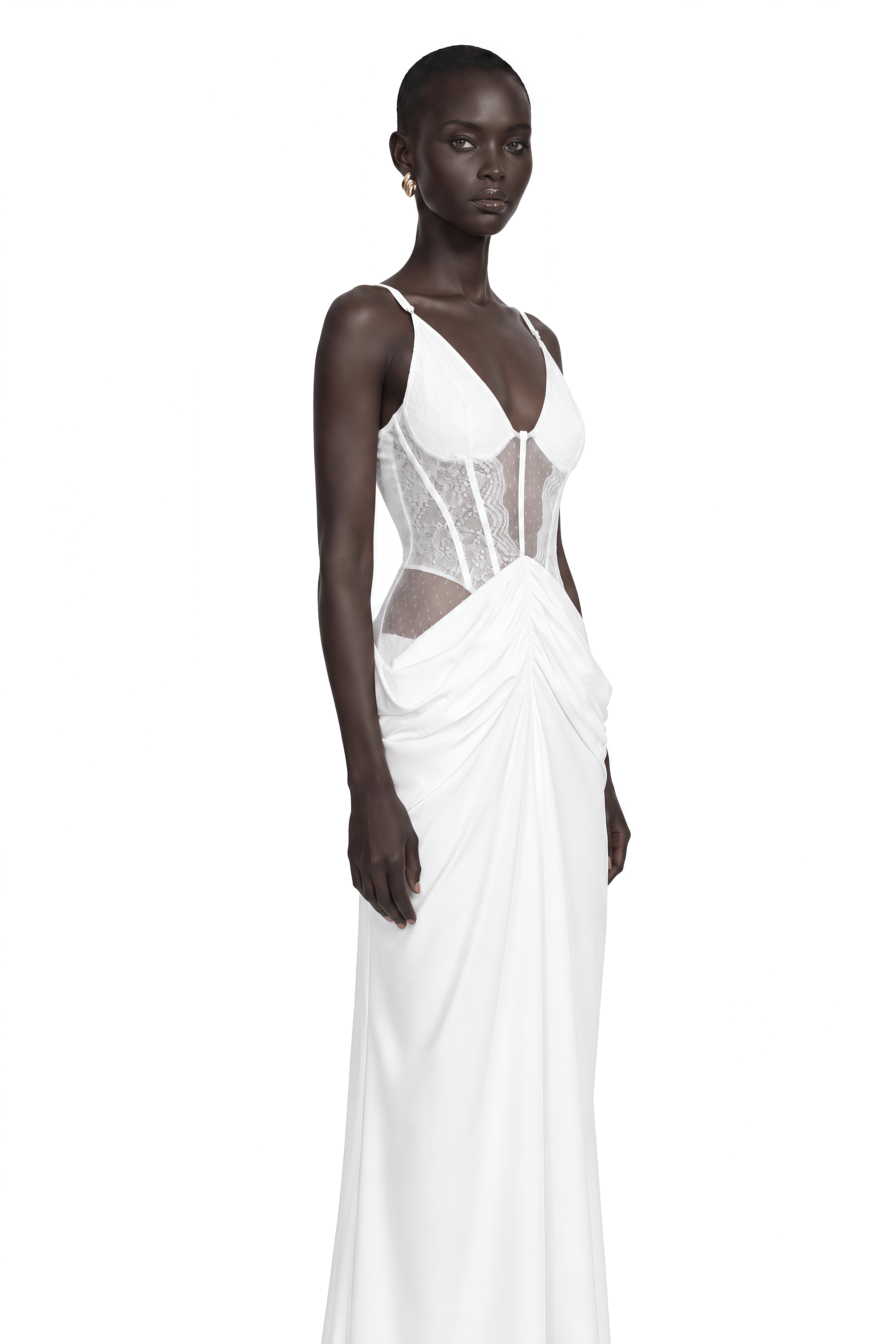 Viktoria White Semi-Sheer Lace Panel Maxi Dress