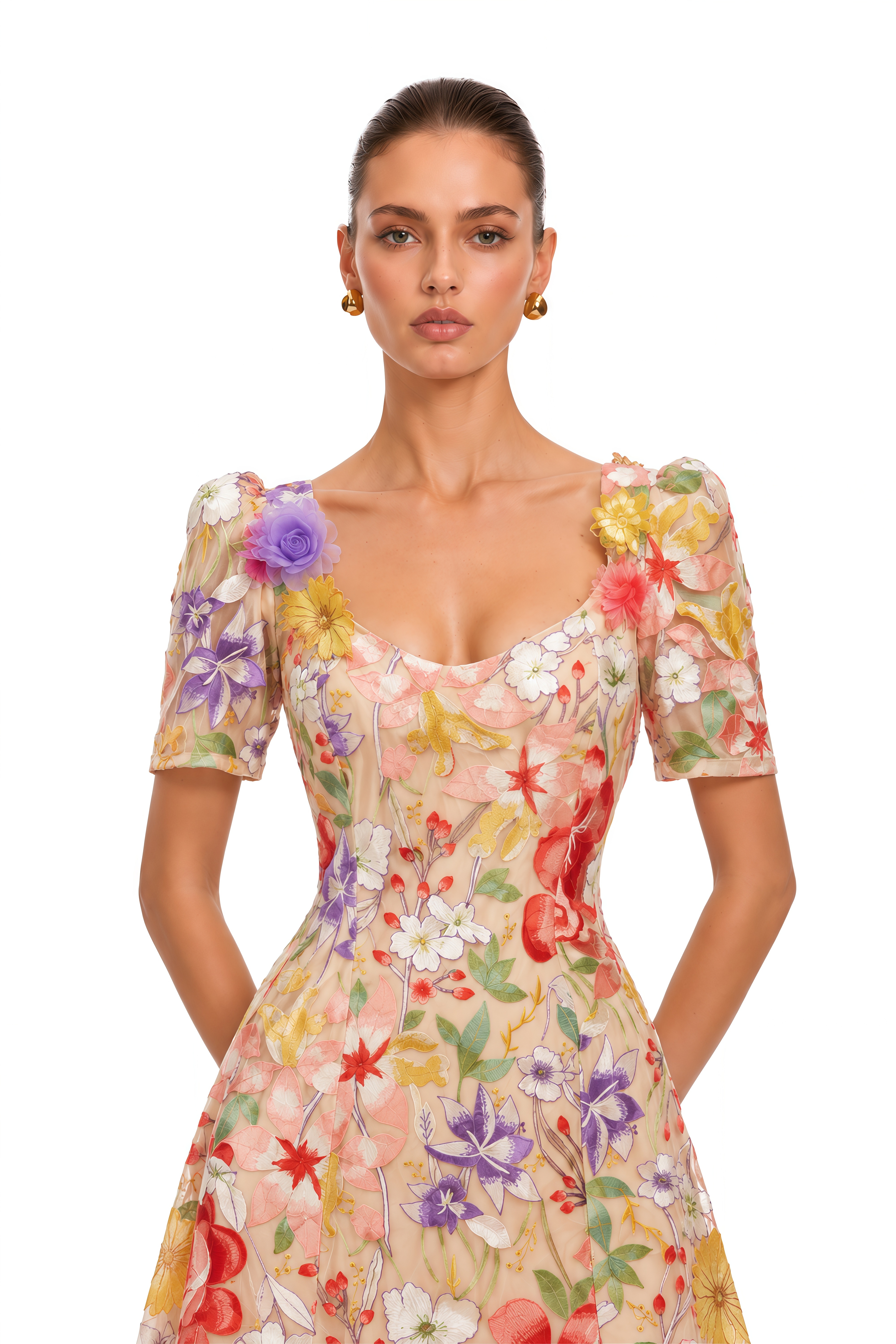 Darcy Neutral Floral Embroidered Tulle Midi Dress