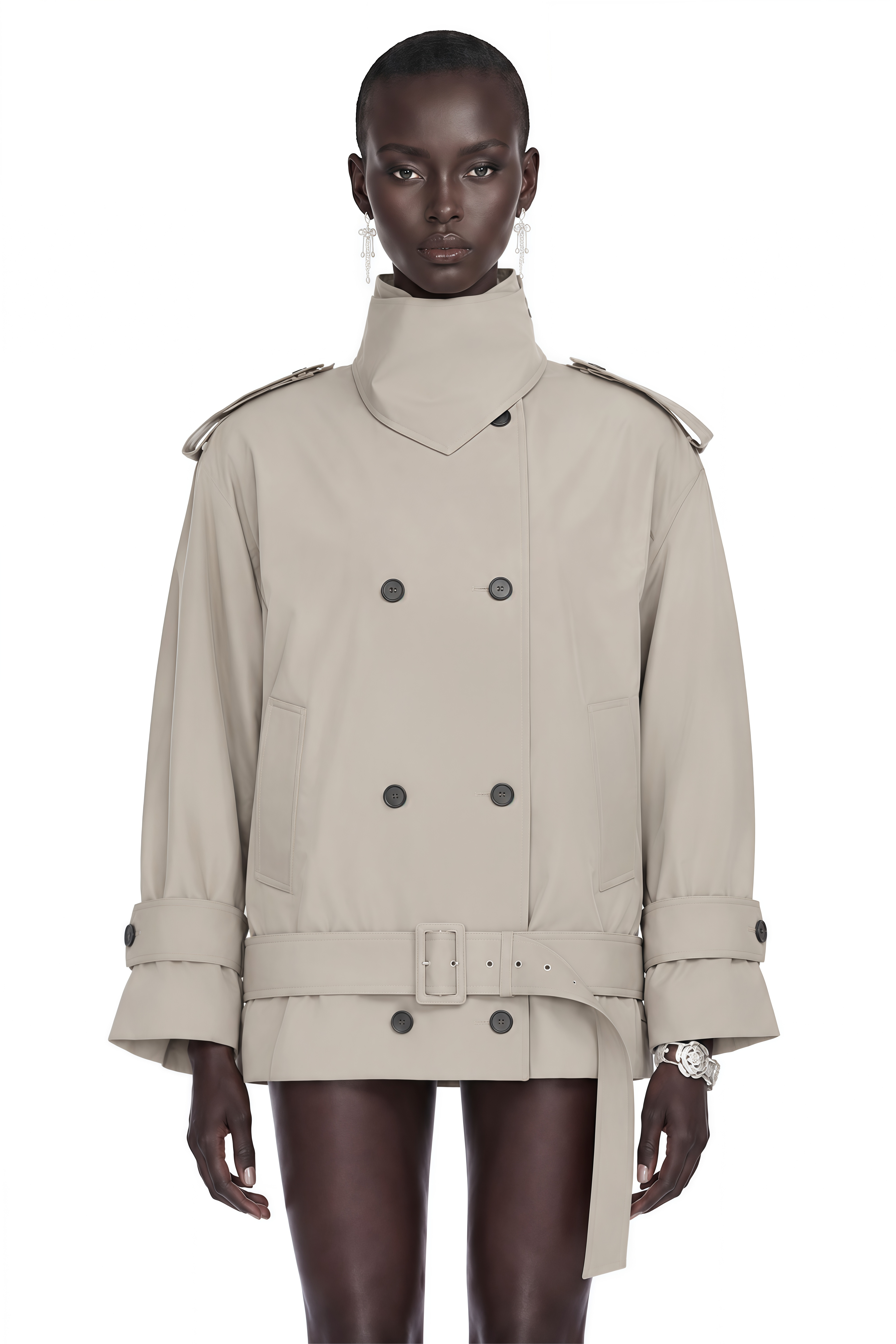 Mavis Grey Double-Breasted Belted Trench Coat