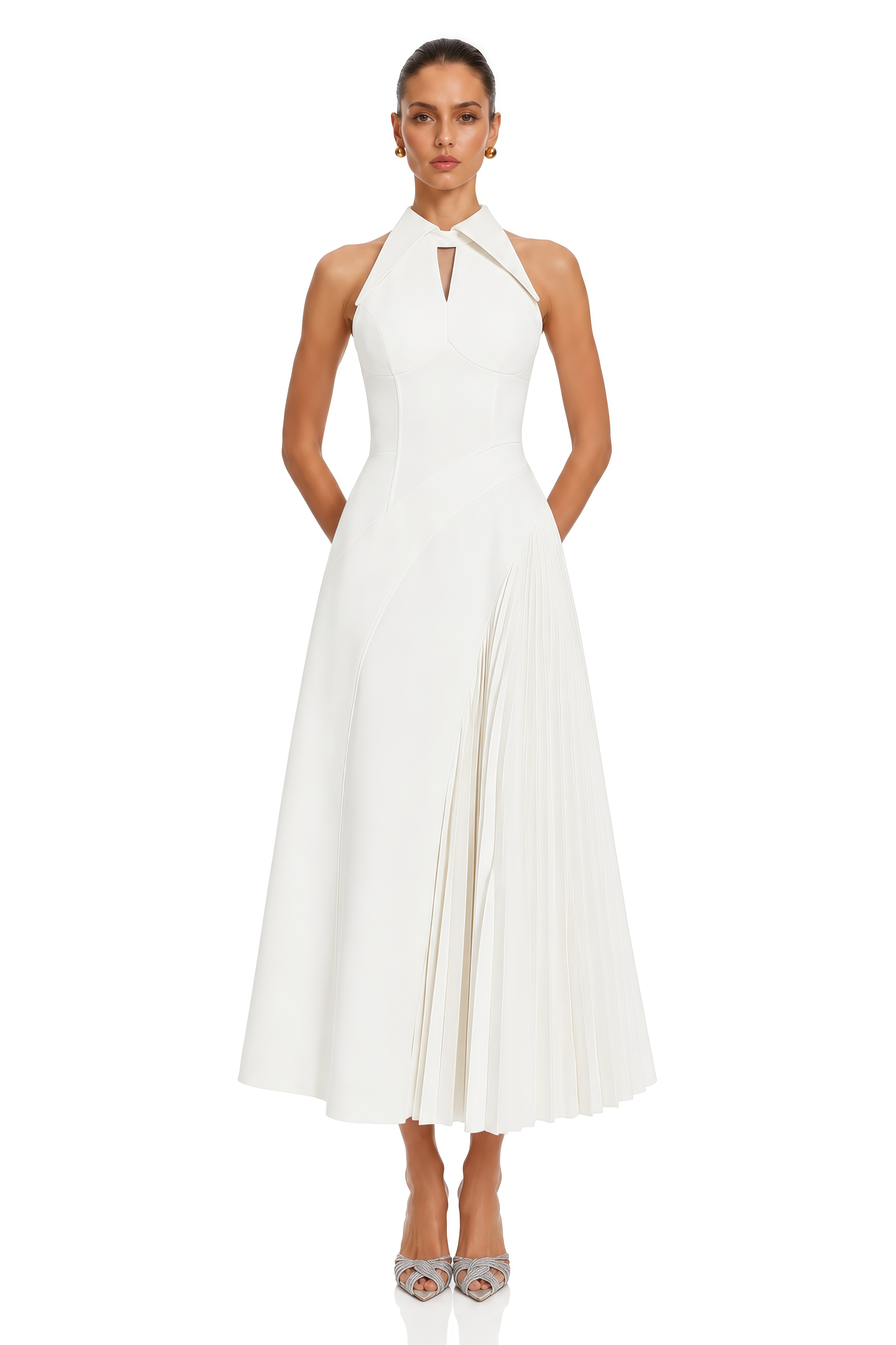 Griselda Neutral Halterneck Ruched Midi Dress