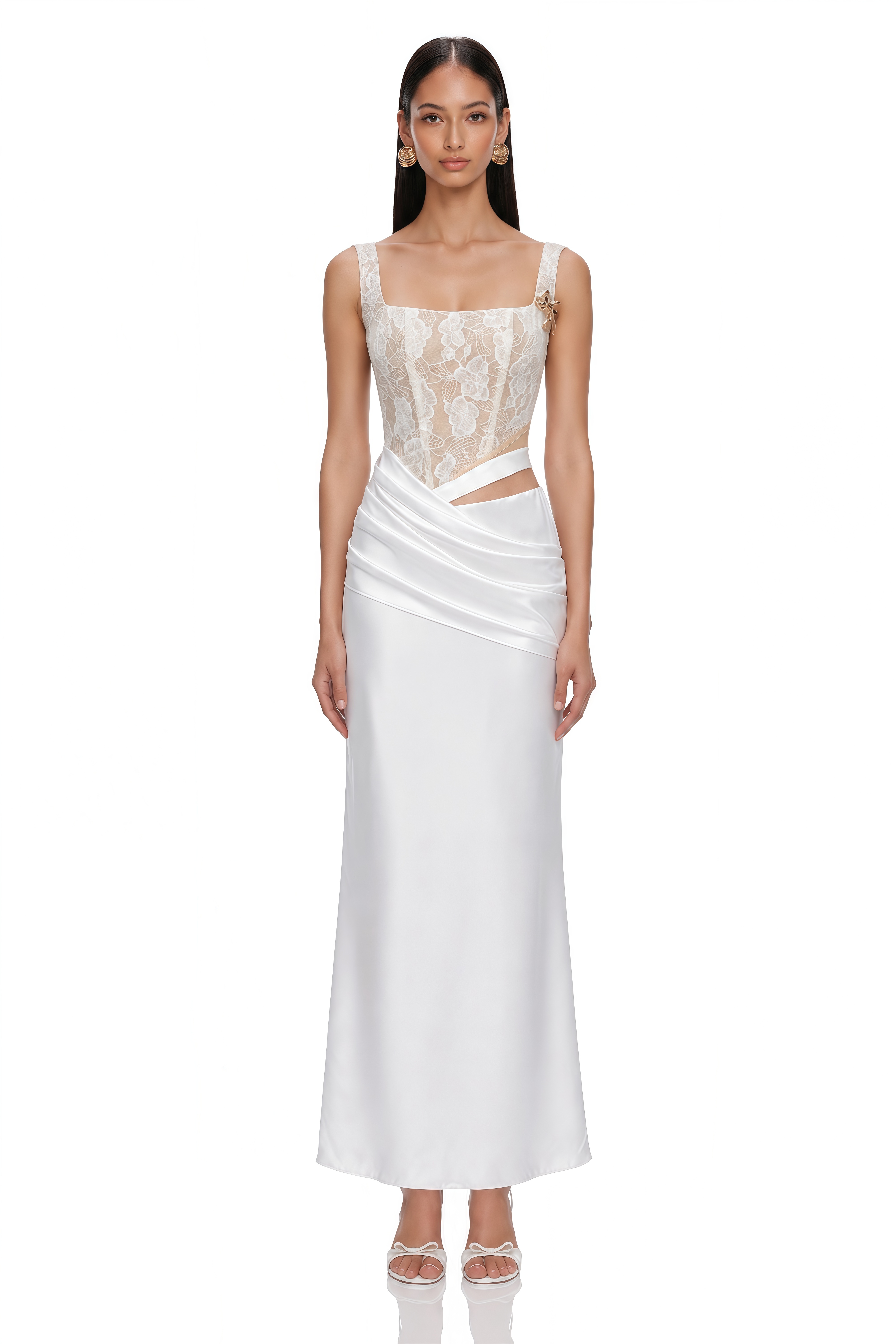 Lorraine White Satin Maxi Dress with Lace Cut-Outs