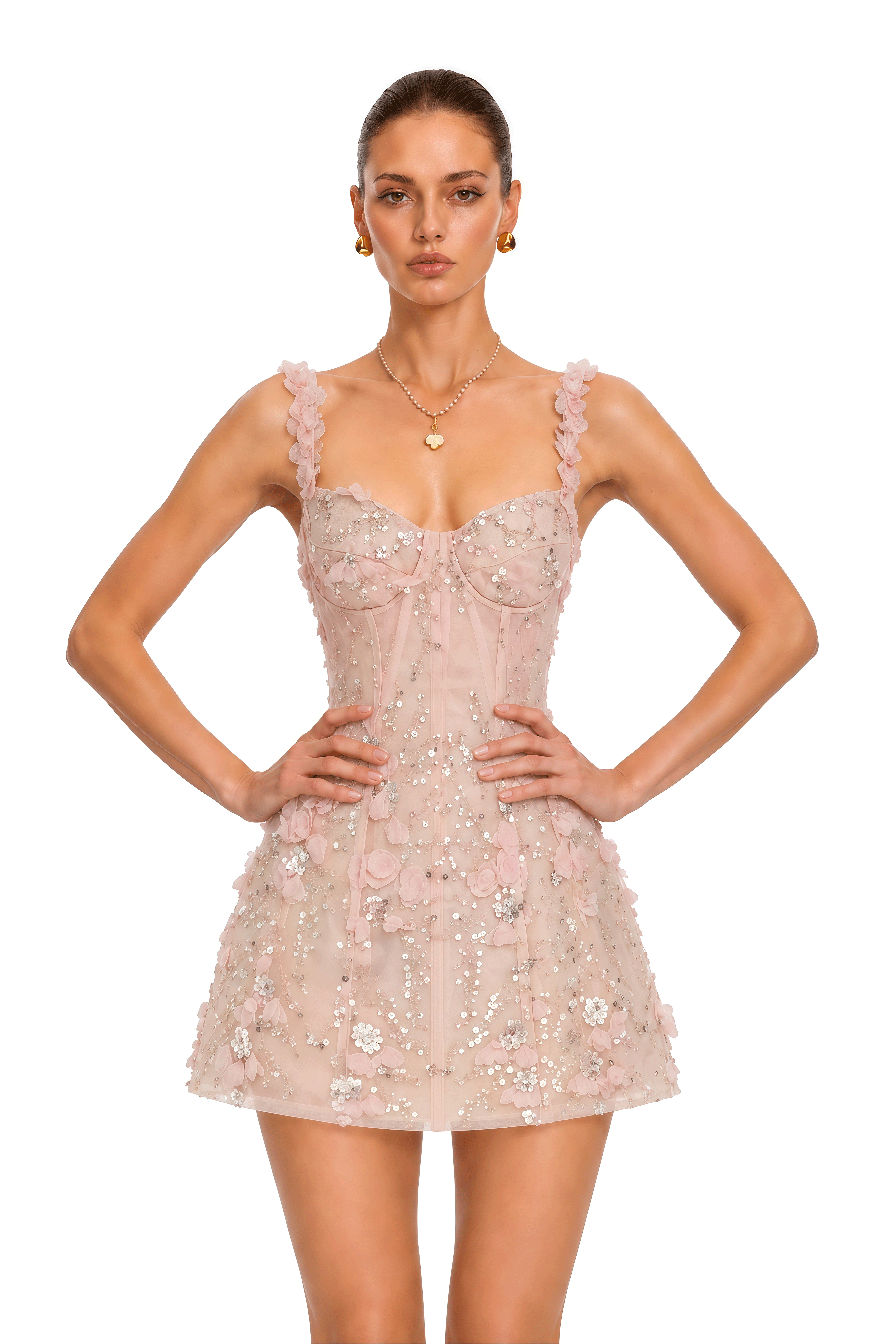 Keira Pink Embellished Floral Appliqué Mini Dress