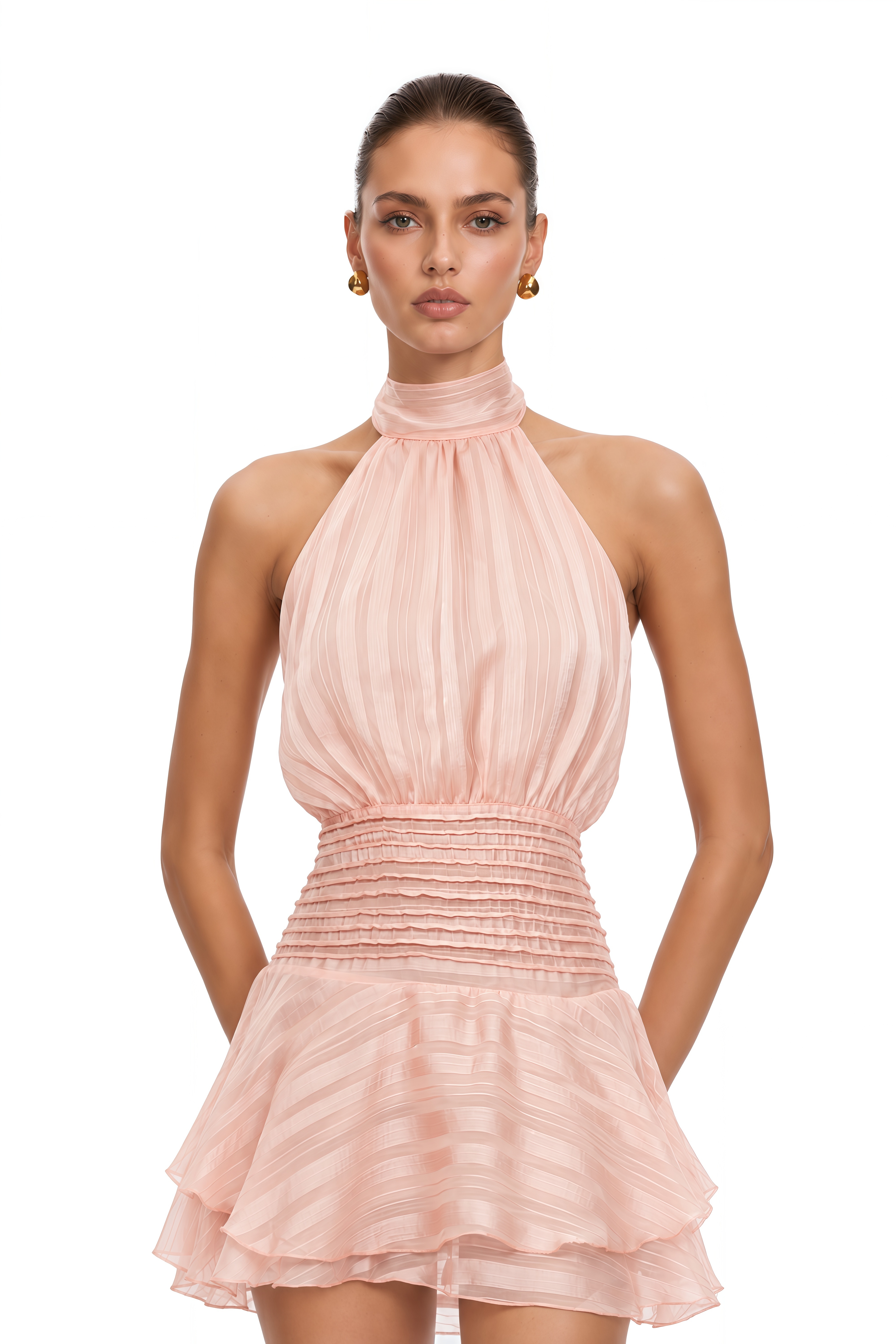 Ginevra Pink Halterneck Pleated Chiffon Mini Dress