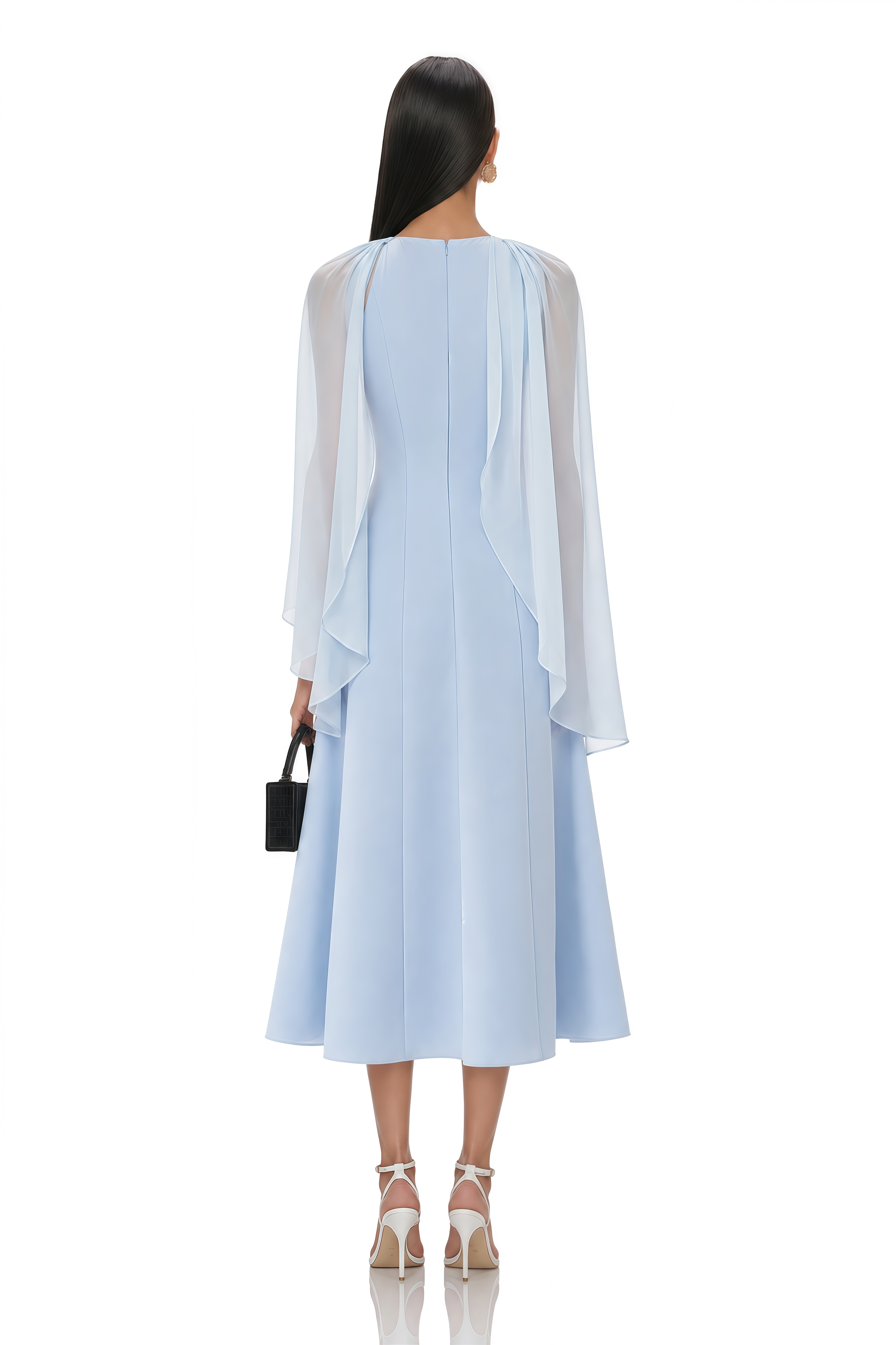 Renee Baby Blue Sleeveless Midi Dress with Draped Cape