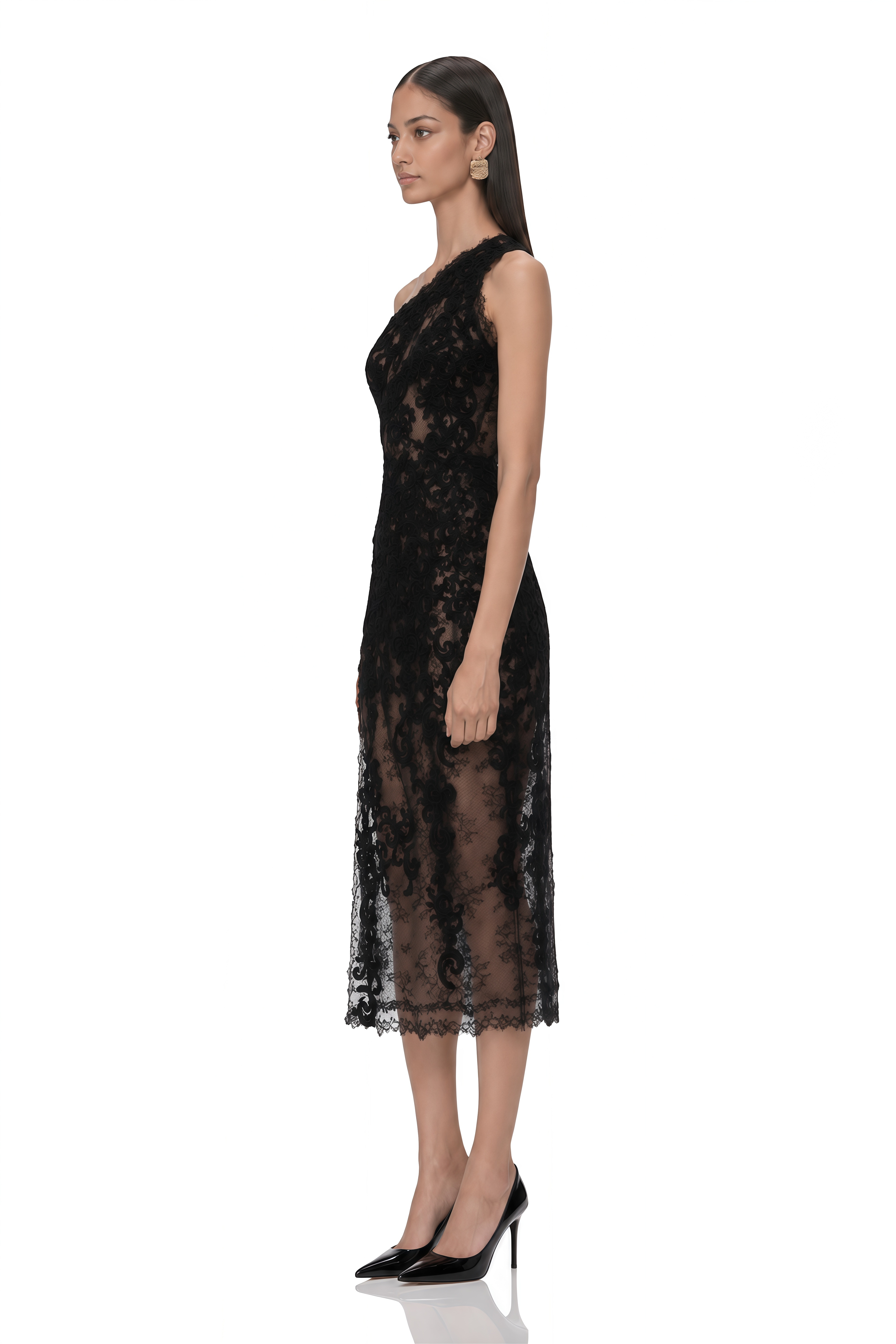 Hannah Black 3D Floral Midi Dress wiith Side Slit