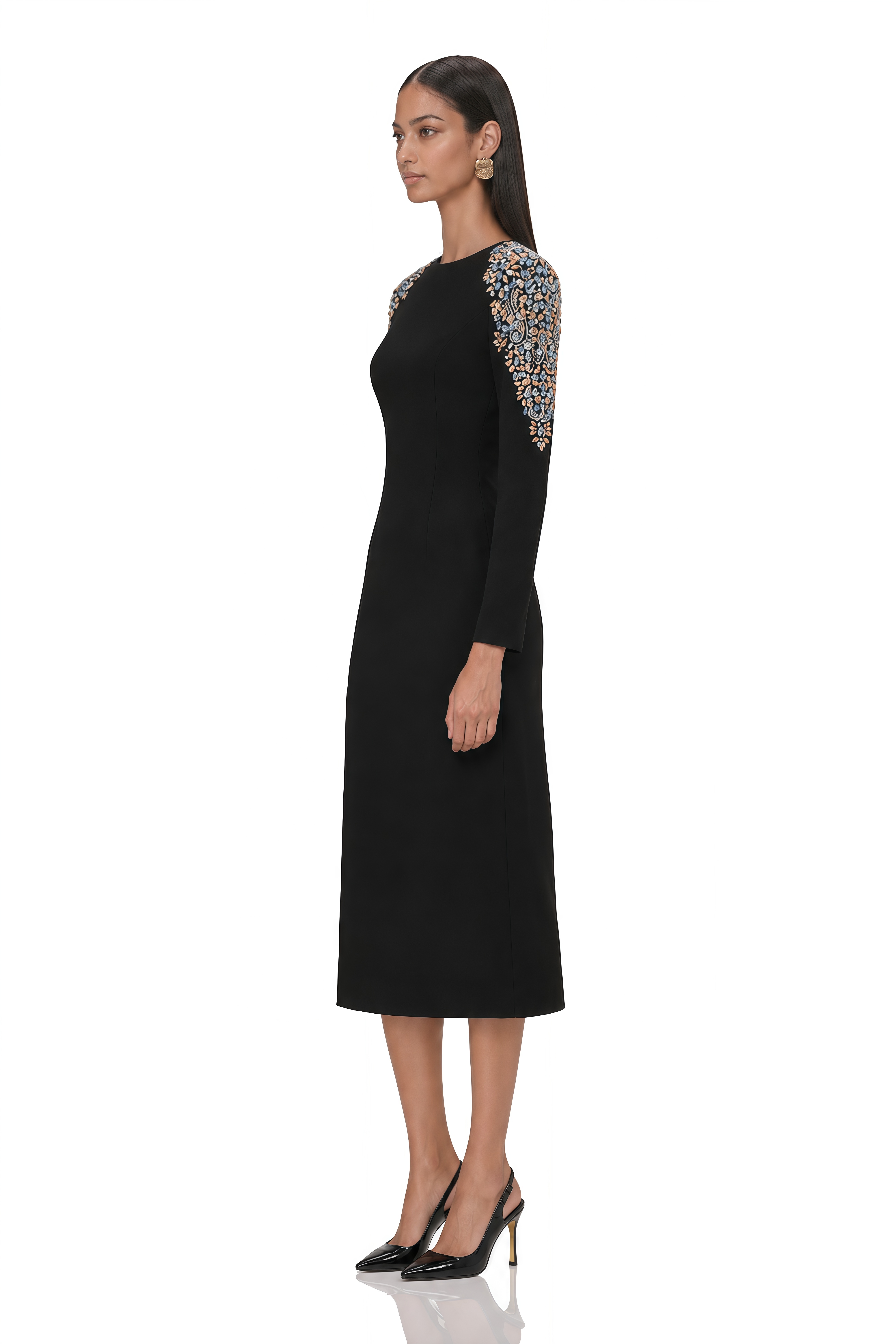 Maelys Black Crystal-Embellished Midi Dress