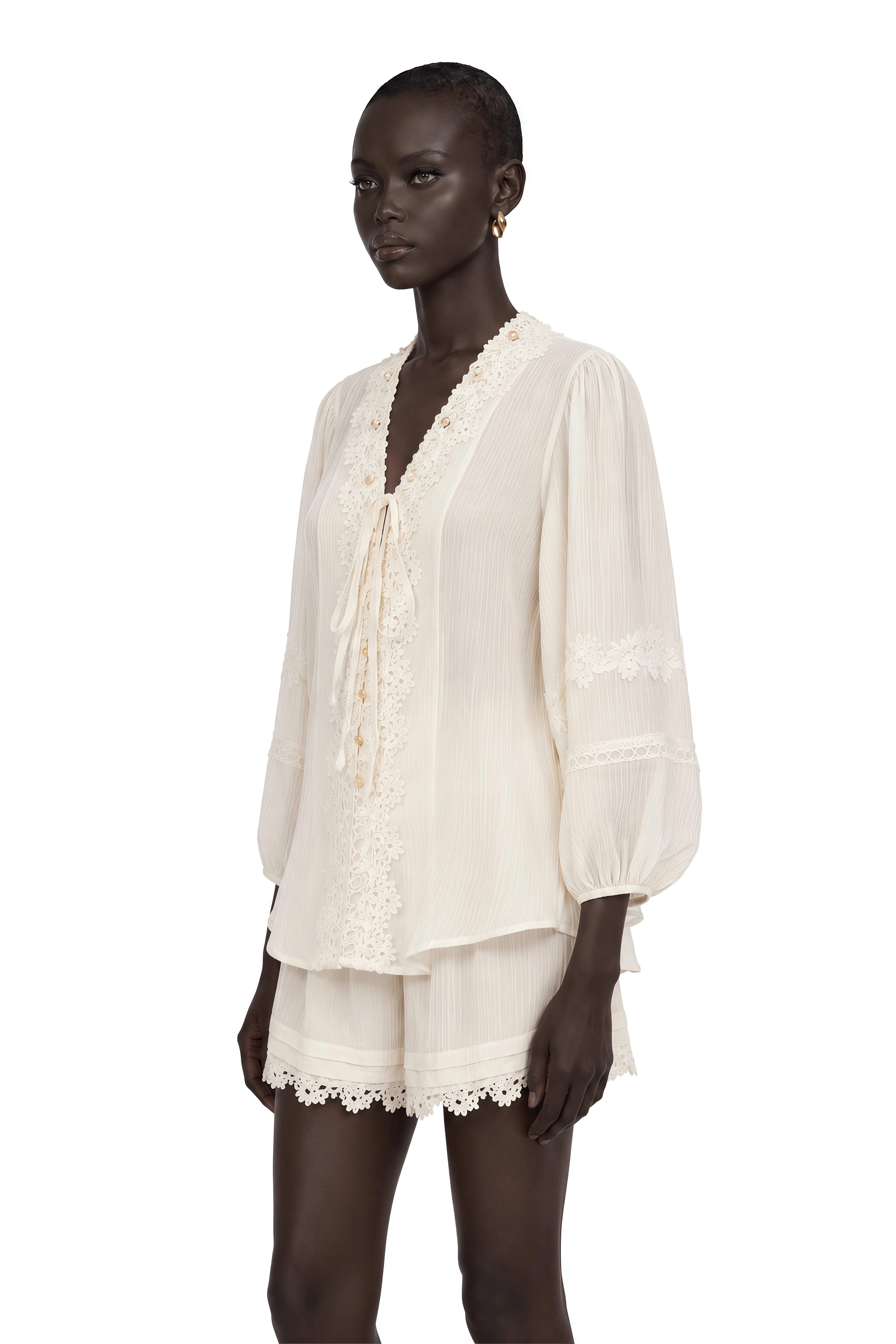Leonie Ivory V-Neck Blouse & Shorts Set with Floral Applique
