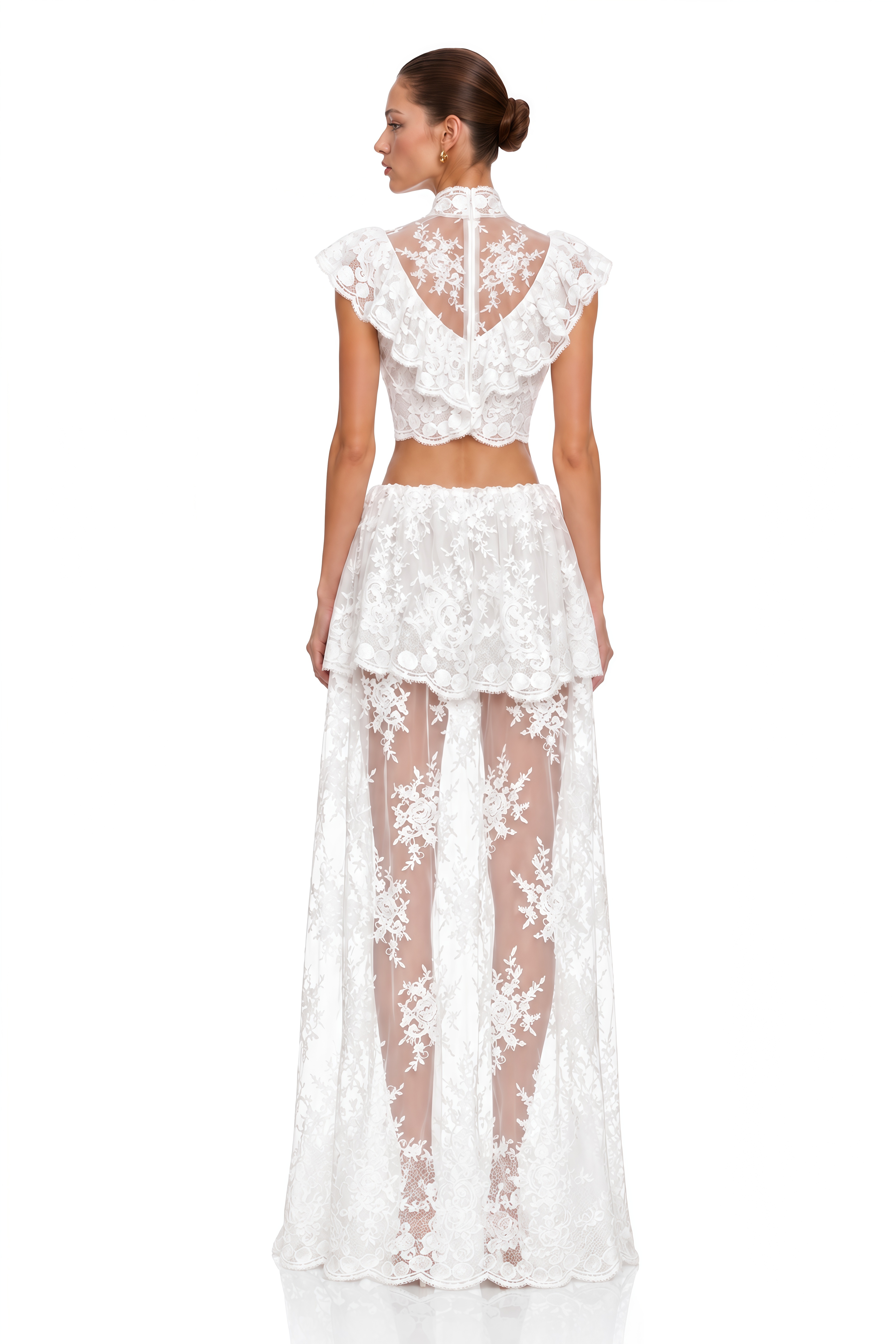 Corinne White Floral Lace Ruffled Top & Skirt Set