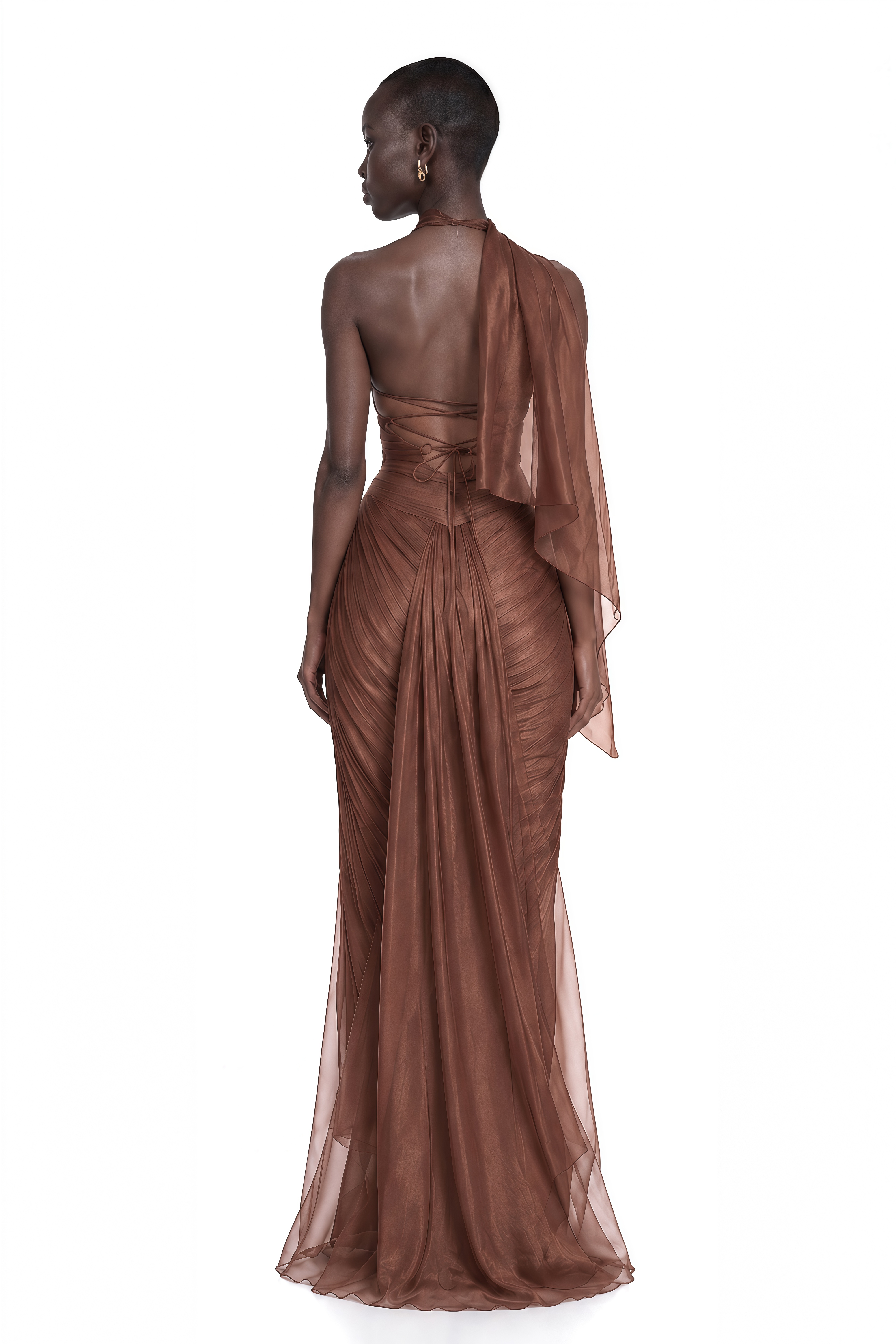 Priscilla Bronze Pleated Halter Plunge Maxi Dress