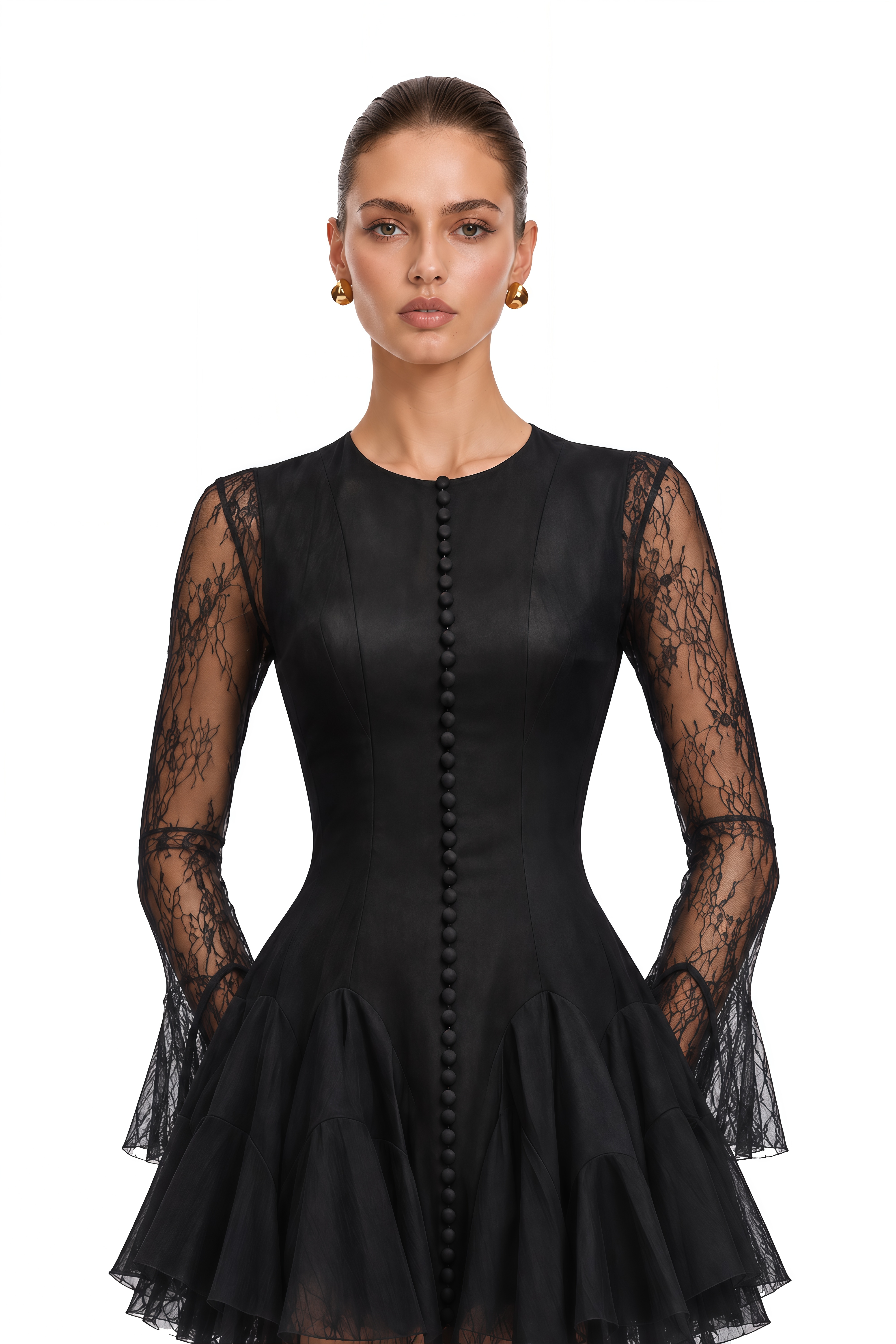 Pamela Black Ruffled Mini Dress with Lace Panels