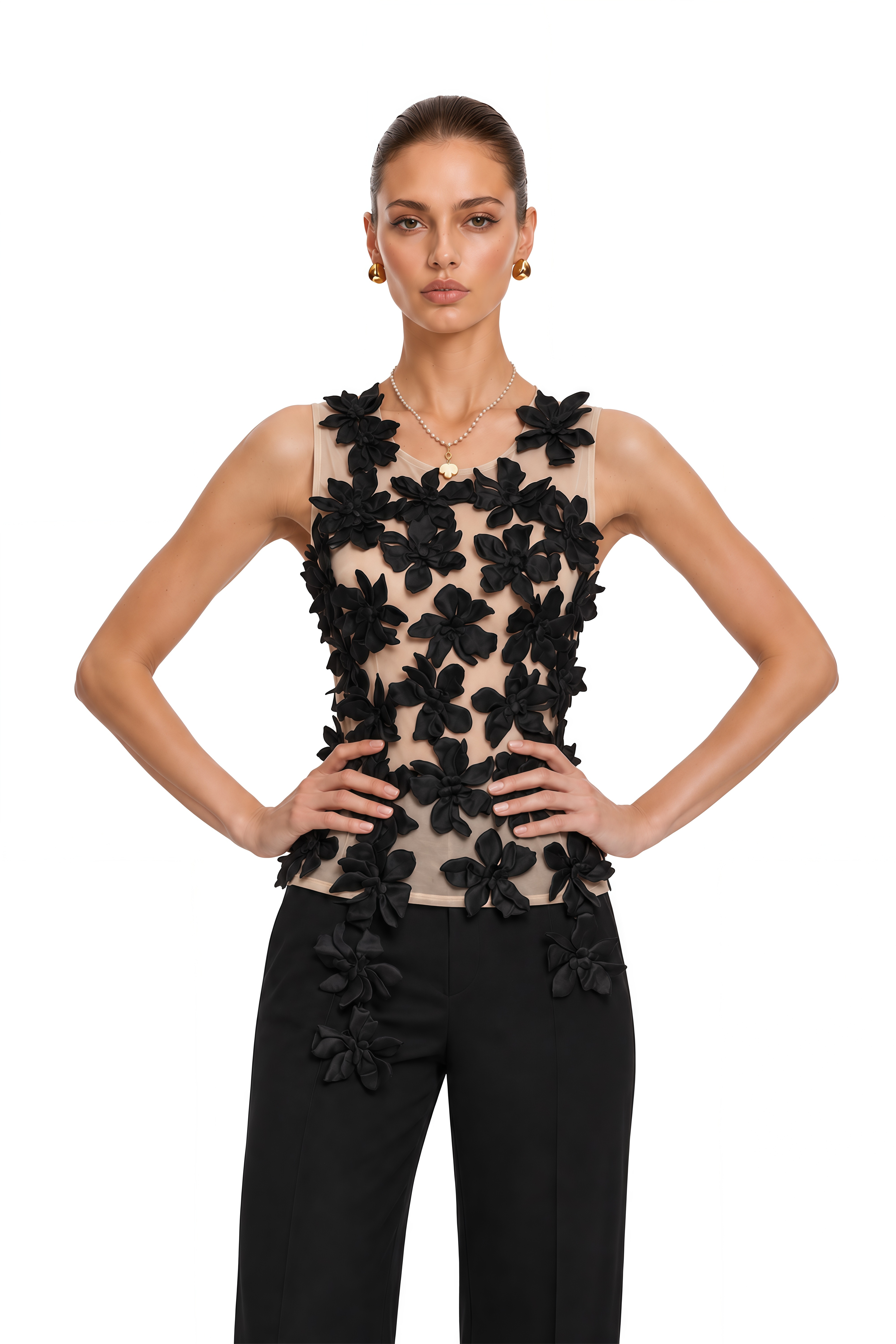 Letizia Black Vest Top with Floral Applique