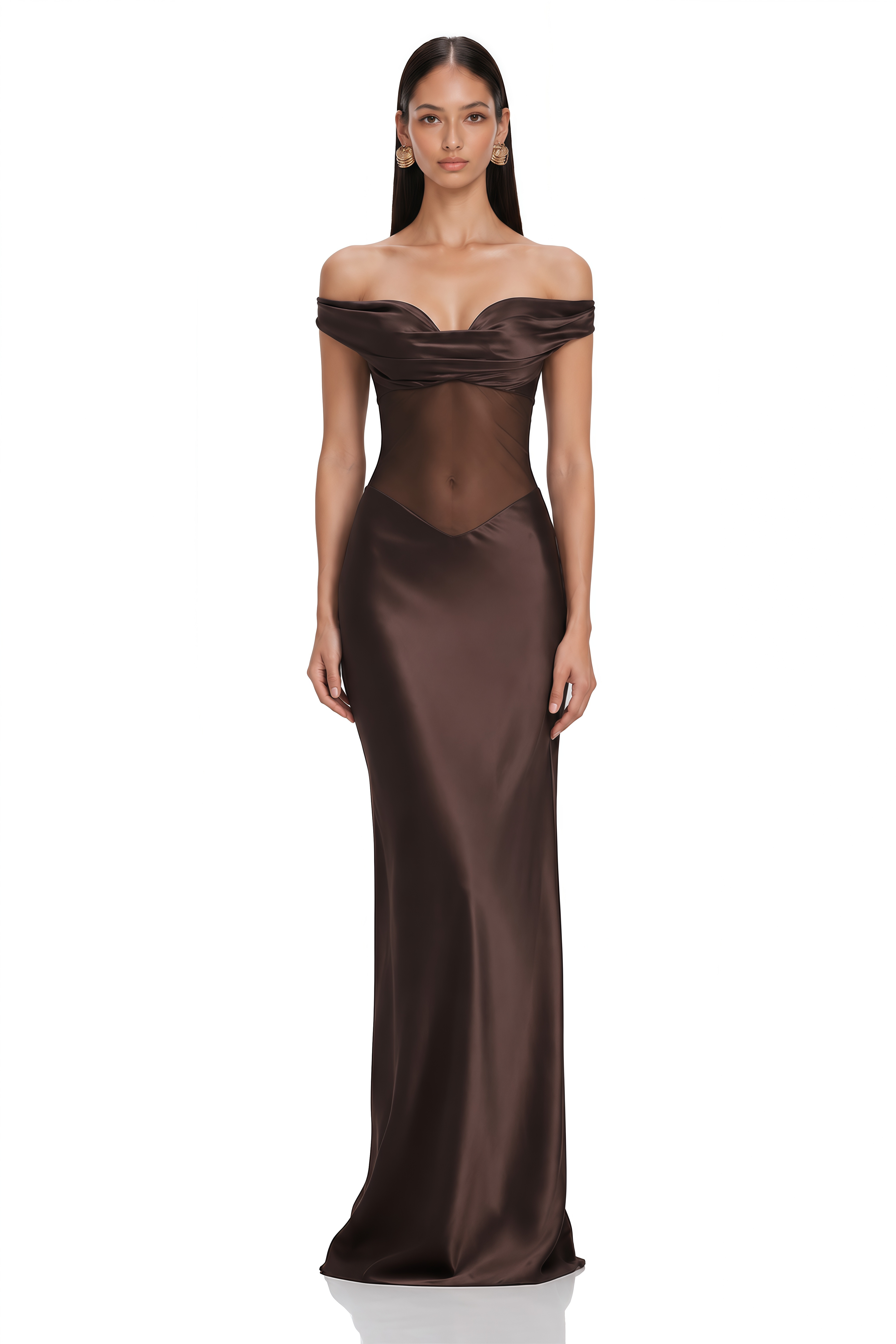 Gitta Brown Off Shoulder Satin Maxi Gown