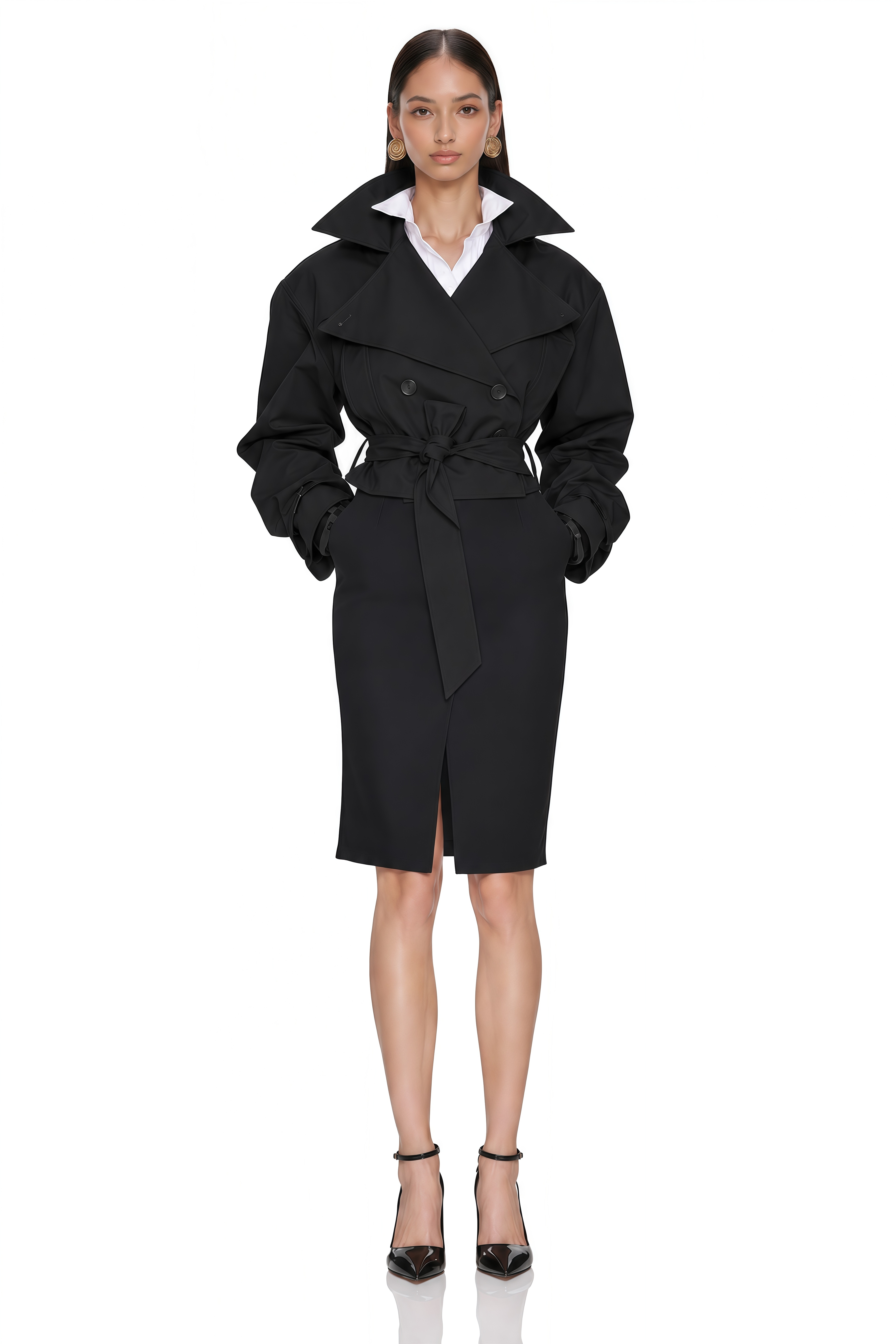 Avril Black Double-Breasted Short Trench Coat