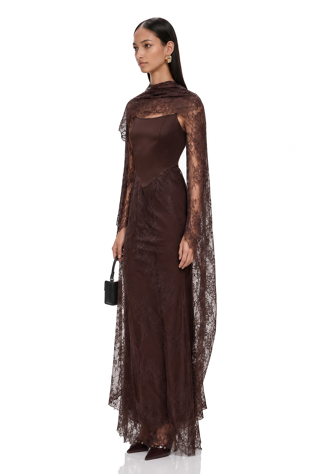 Christa Brown Floral Lace Maxi Dress with Cape