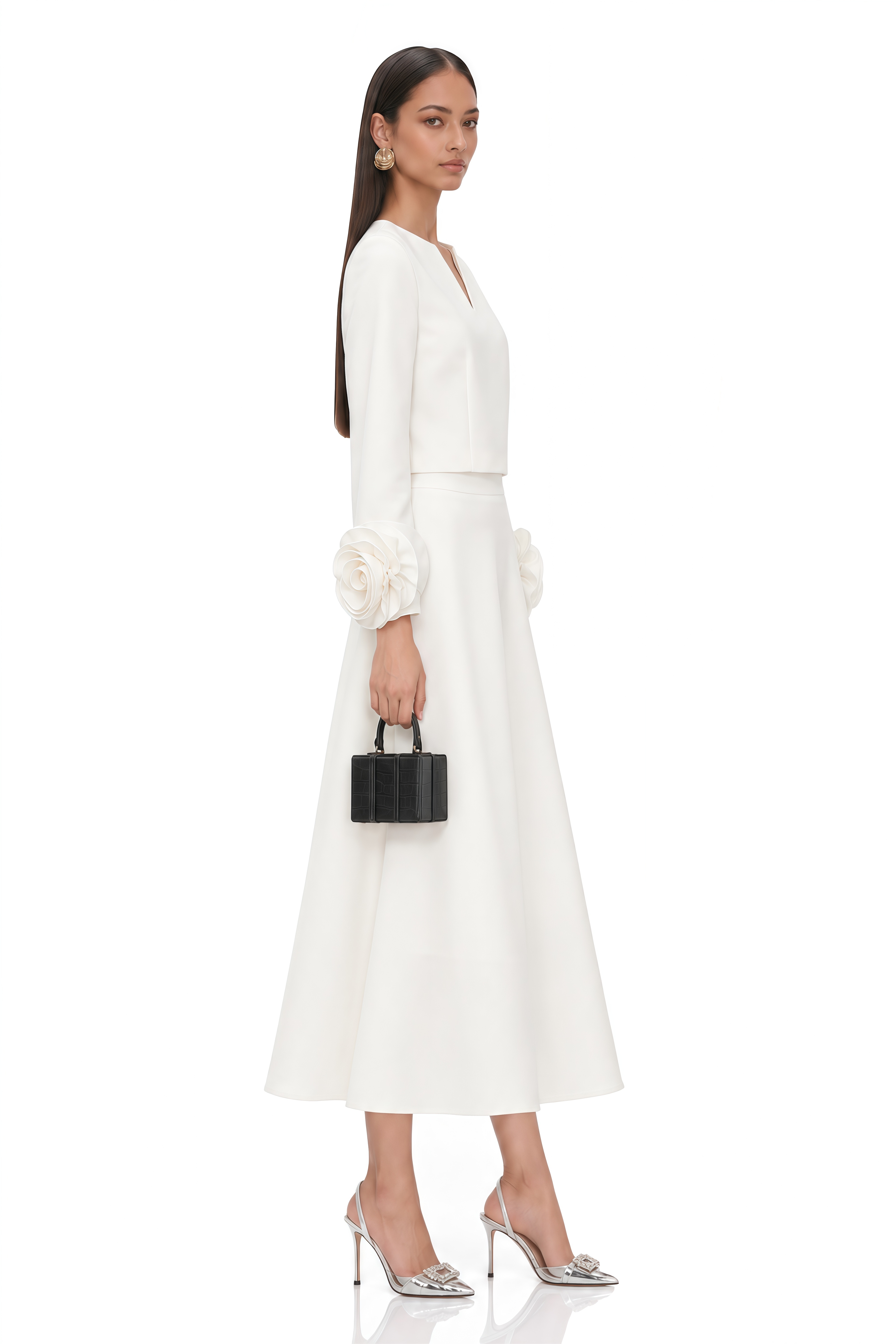 Hilaire White 3D-Petal Top & Skirt Matching Set