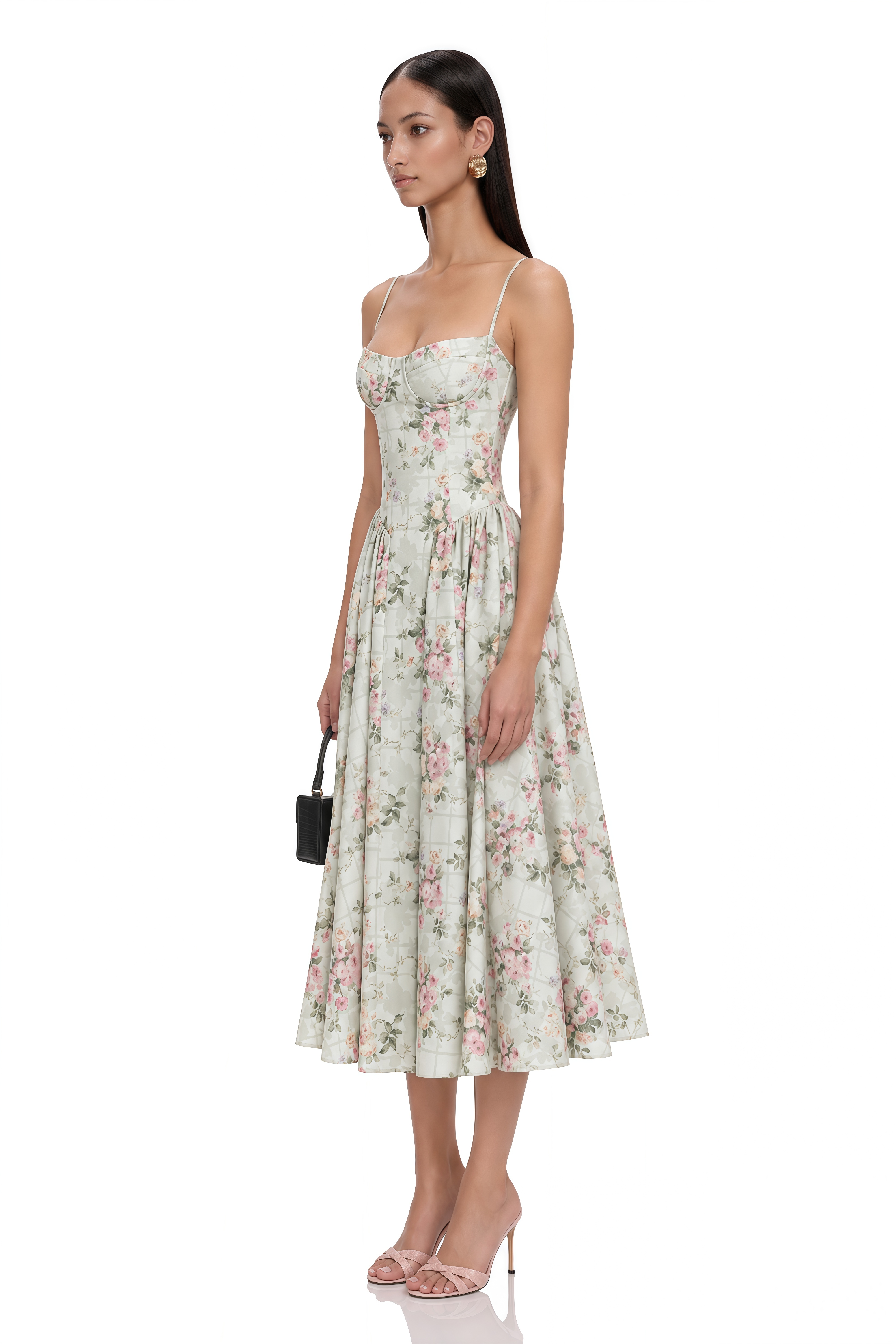 Prunelle Sage-Green Floral-Print Shirred Midi Dress