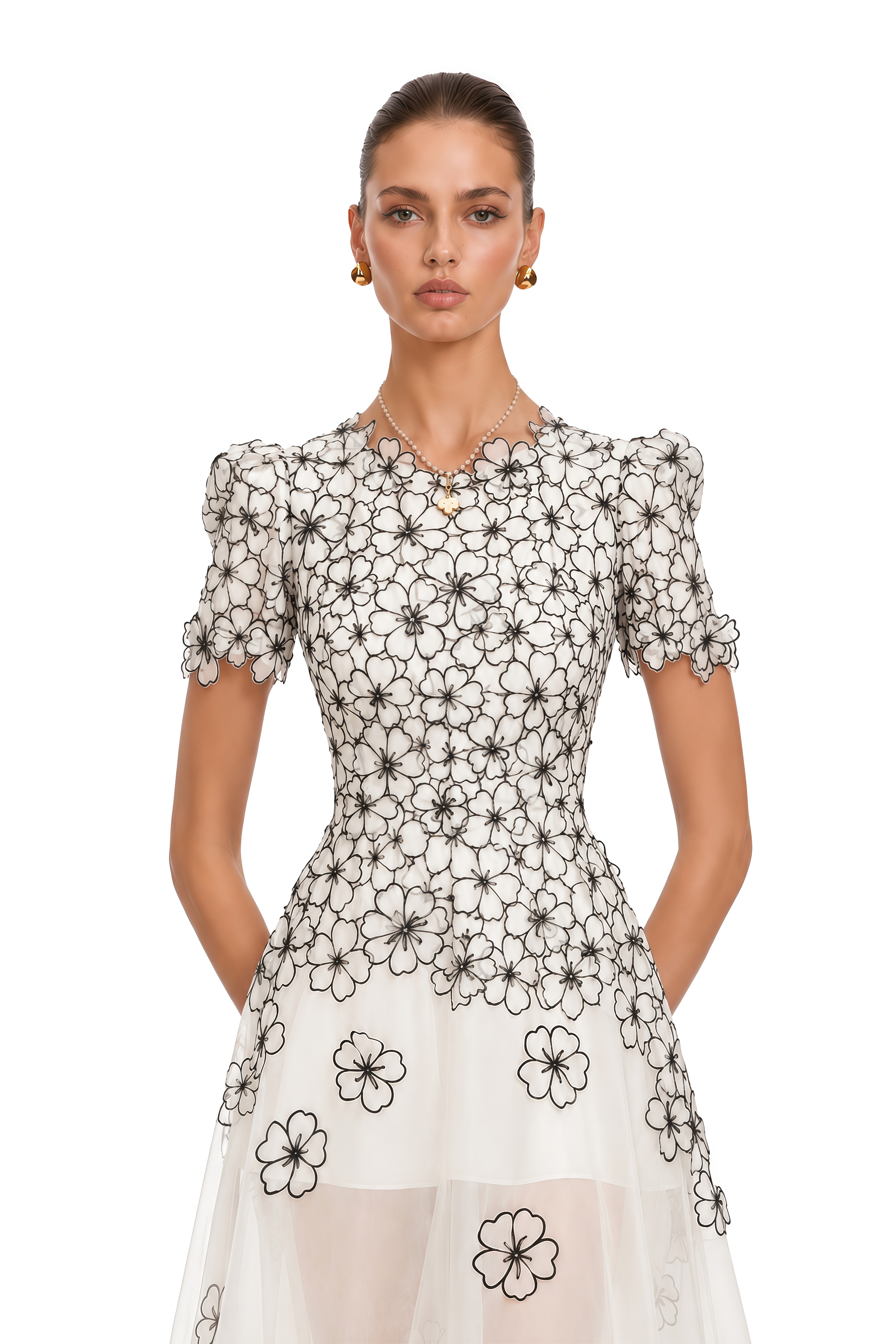 Yaelle White Floral Appliqué Tulle Midi Dress