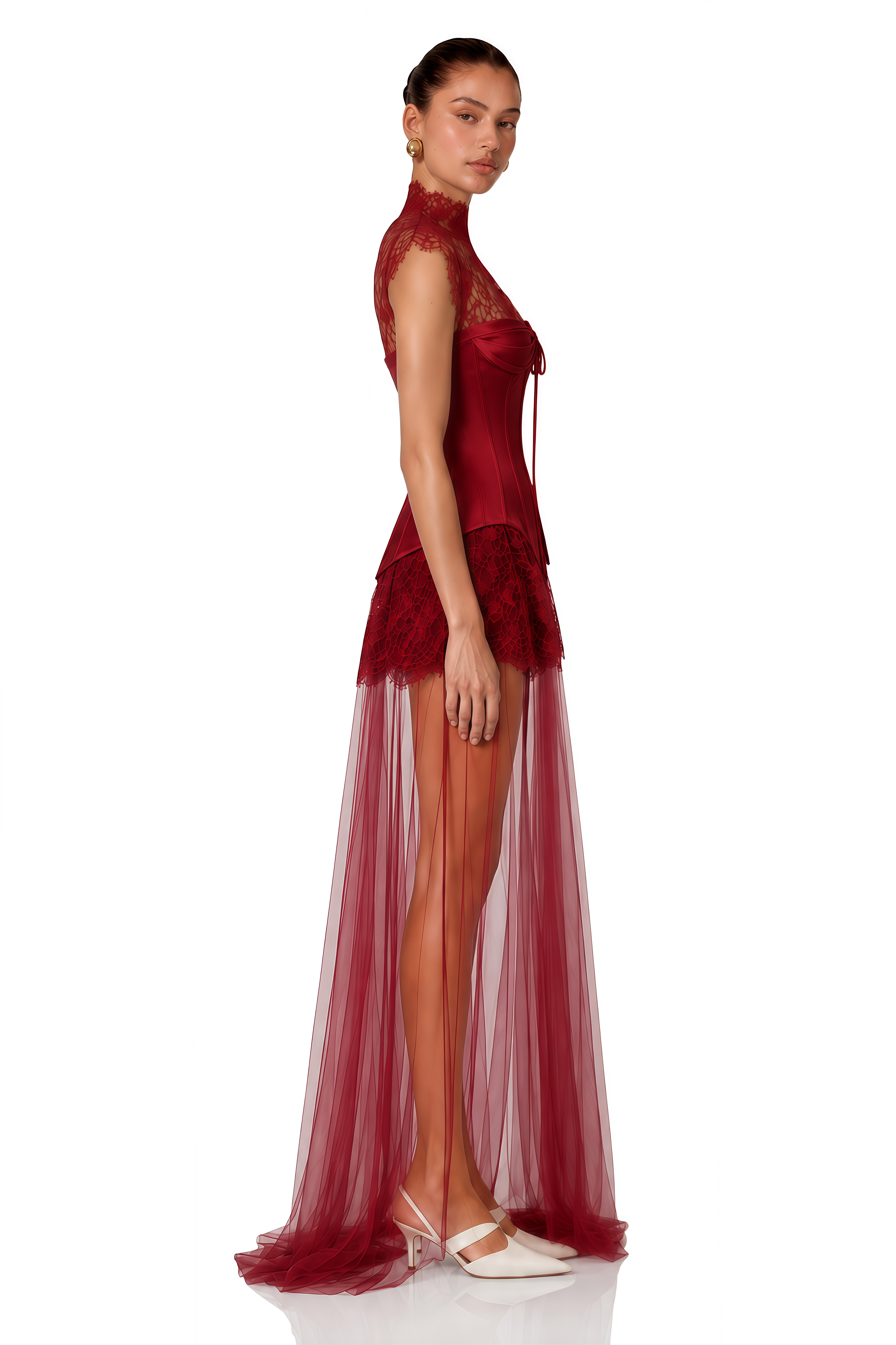 Michalina Red Lace Convertible Gown with Detachable Skirt