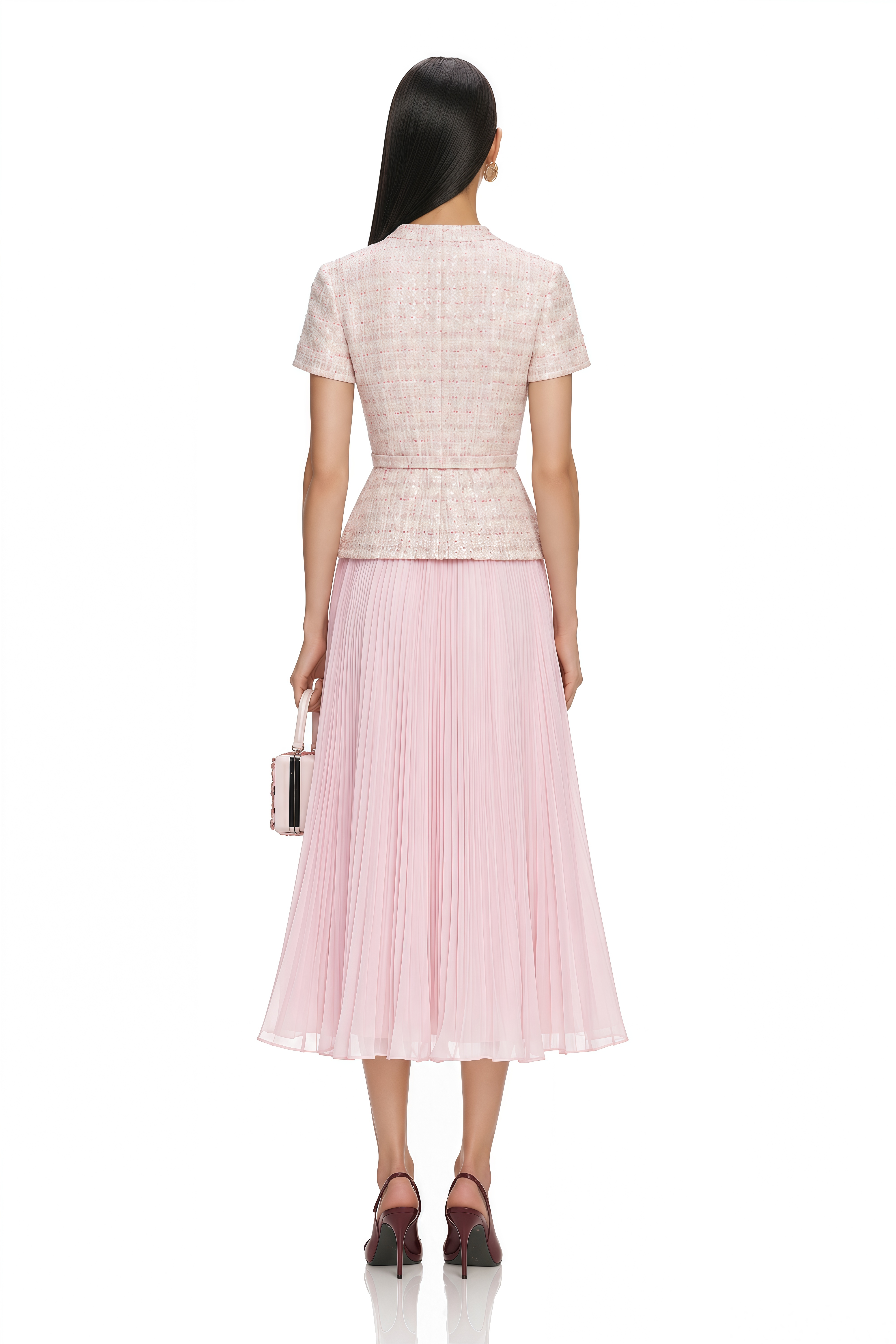 Tahmineh Pink Tweed Pleated Midi Dress