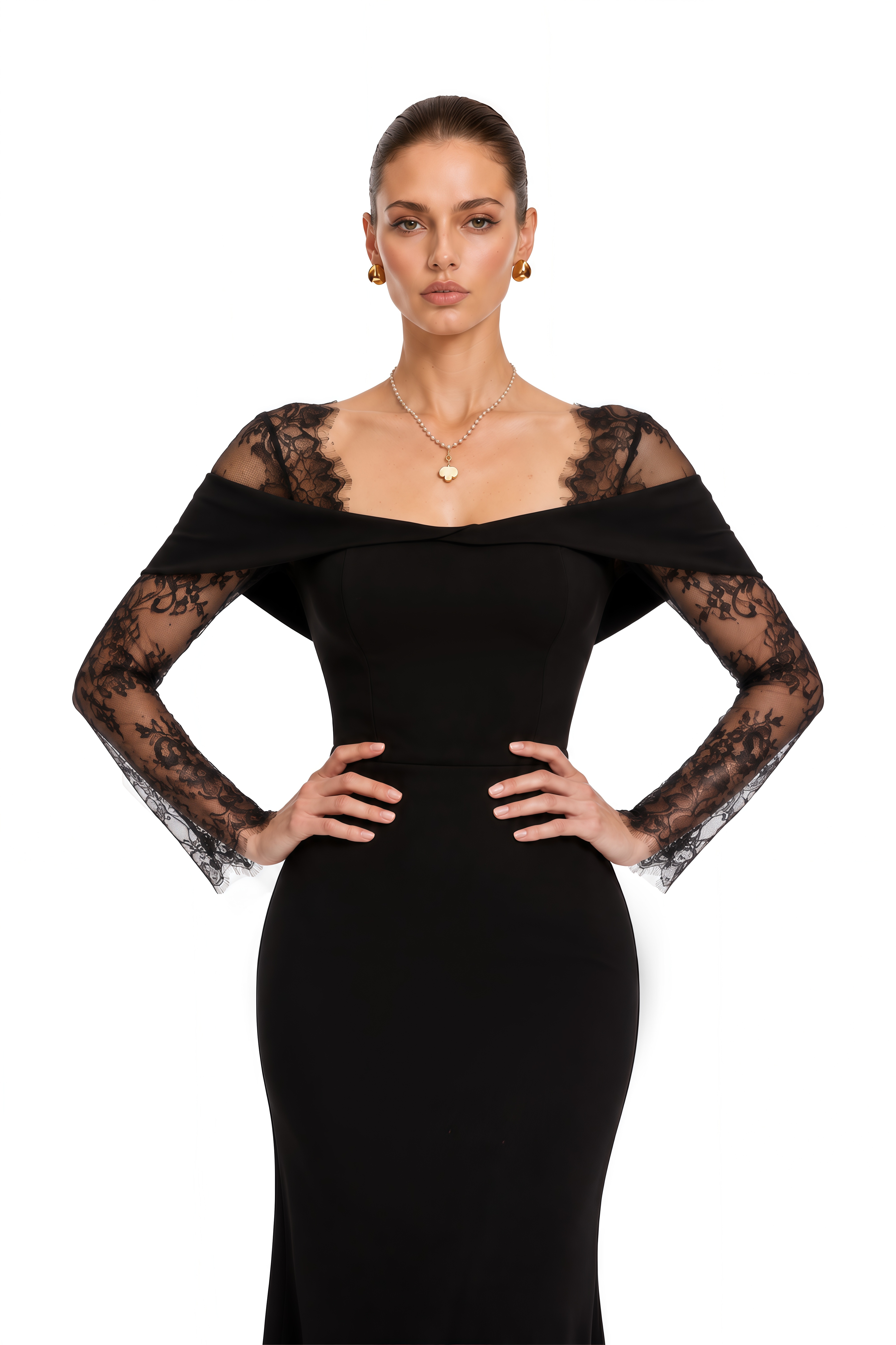 Georgiana Black Lace Panel Flared Maxi Gown