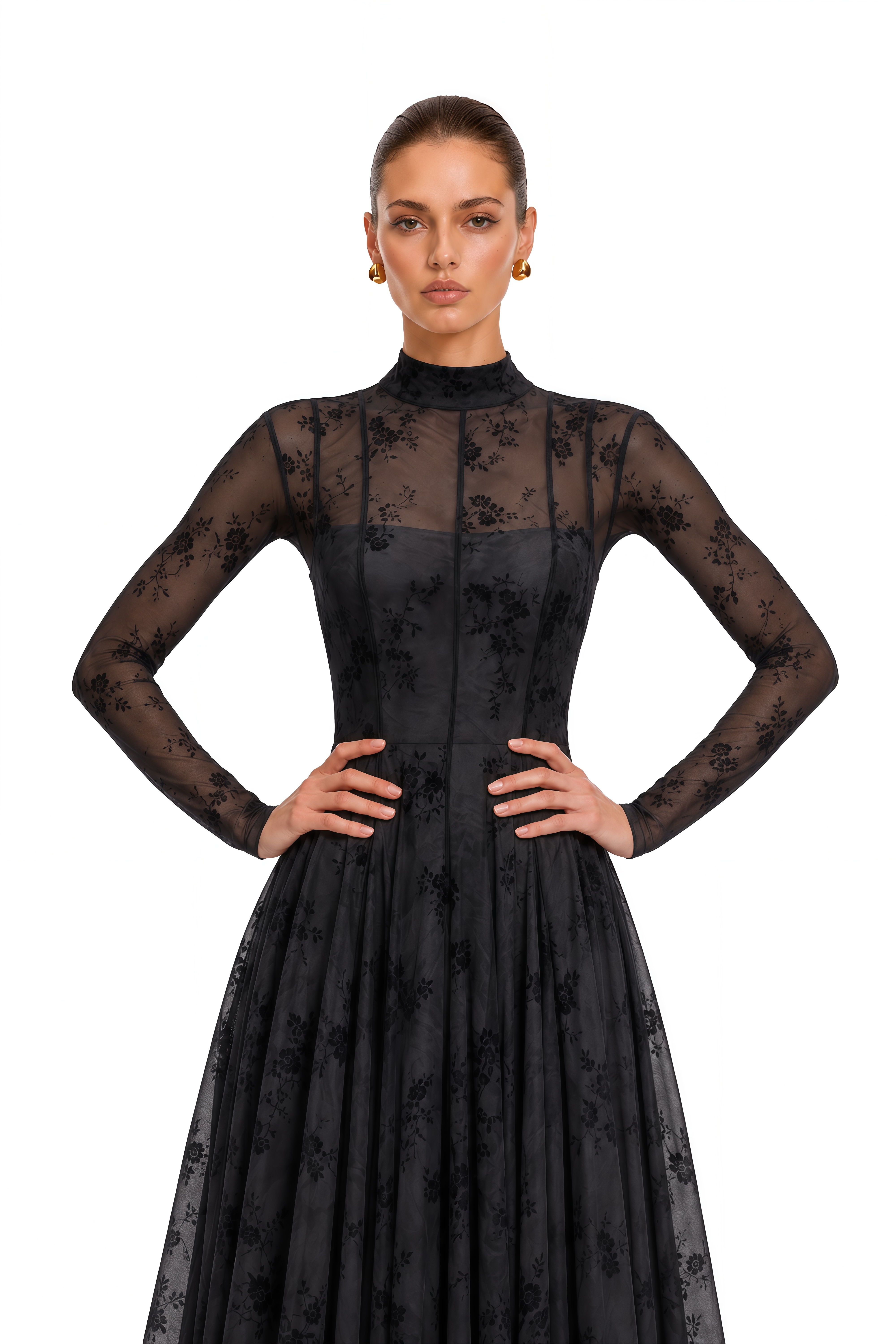 Ariadne Black Flocked Tulle Maxi Dress