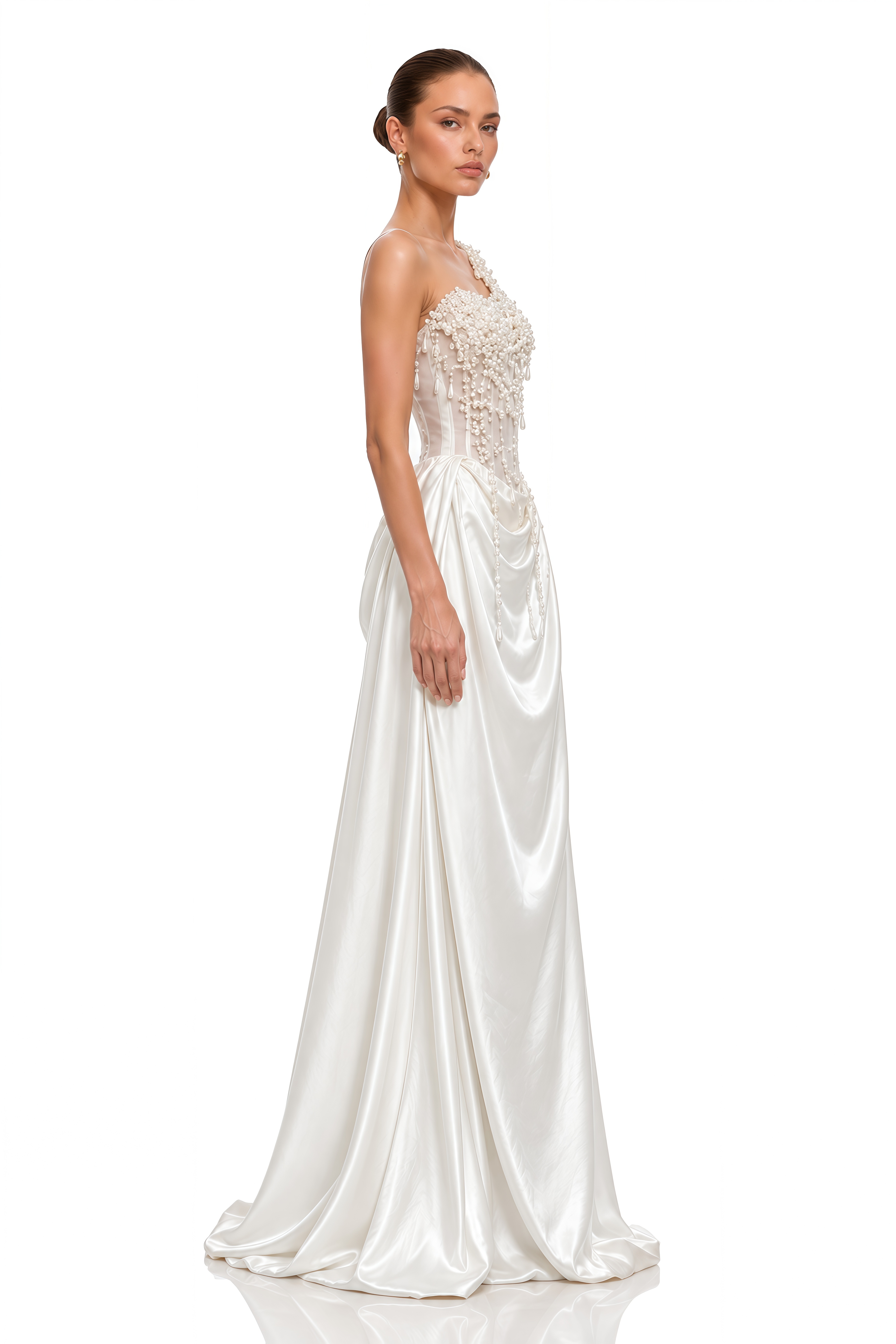 Hasti Cream White Ruched Maxi Dress with Chain Detail