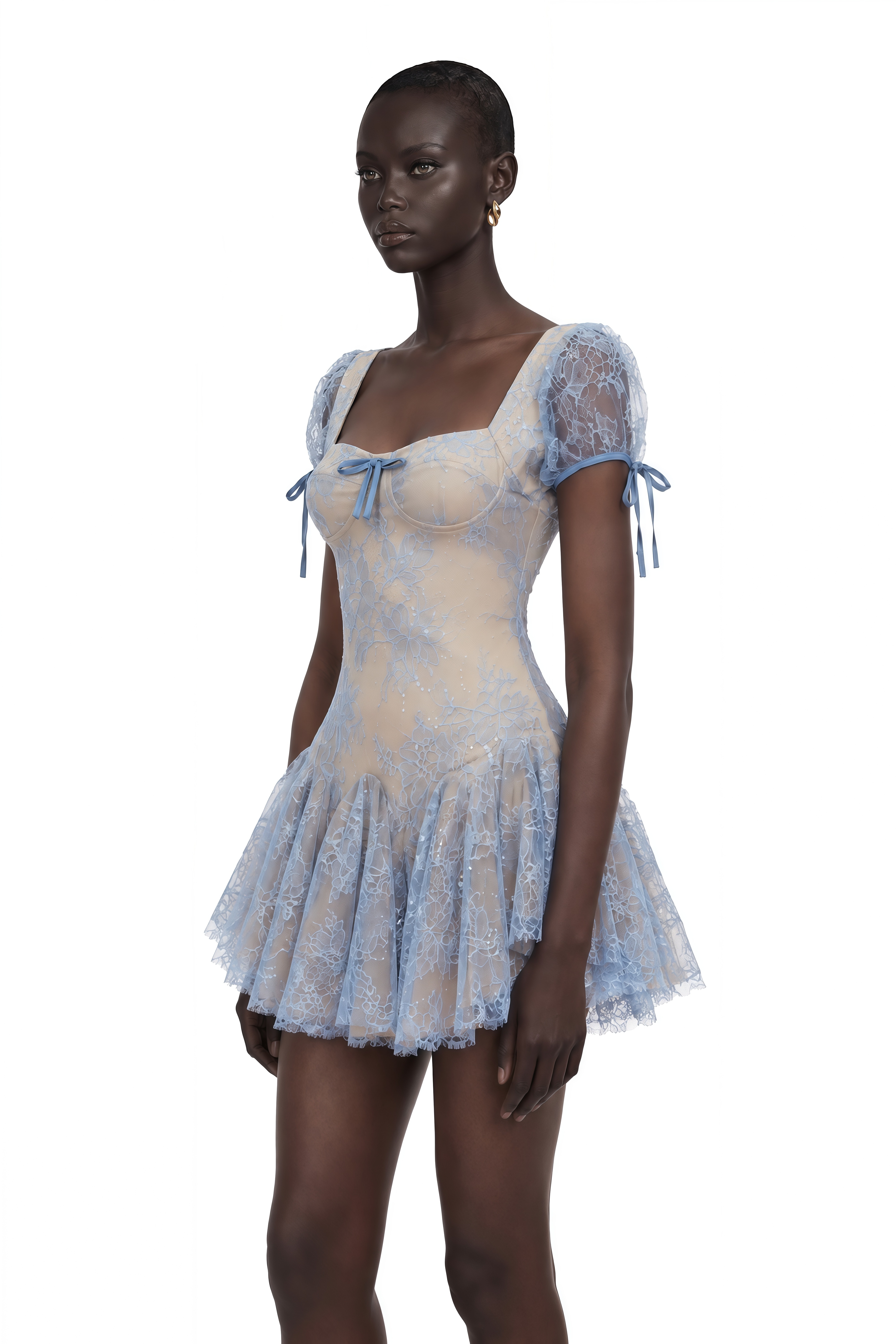 Ruslana Dusty Blue Ruched Lace Mini Dress