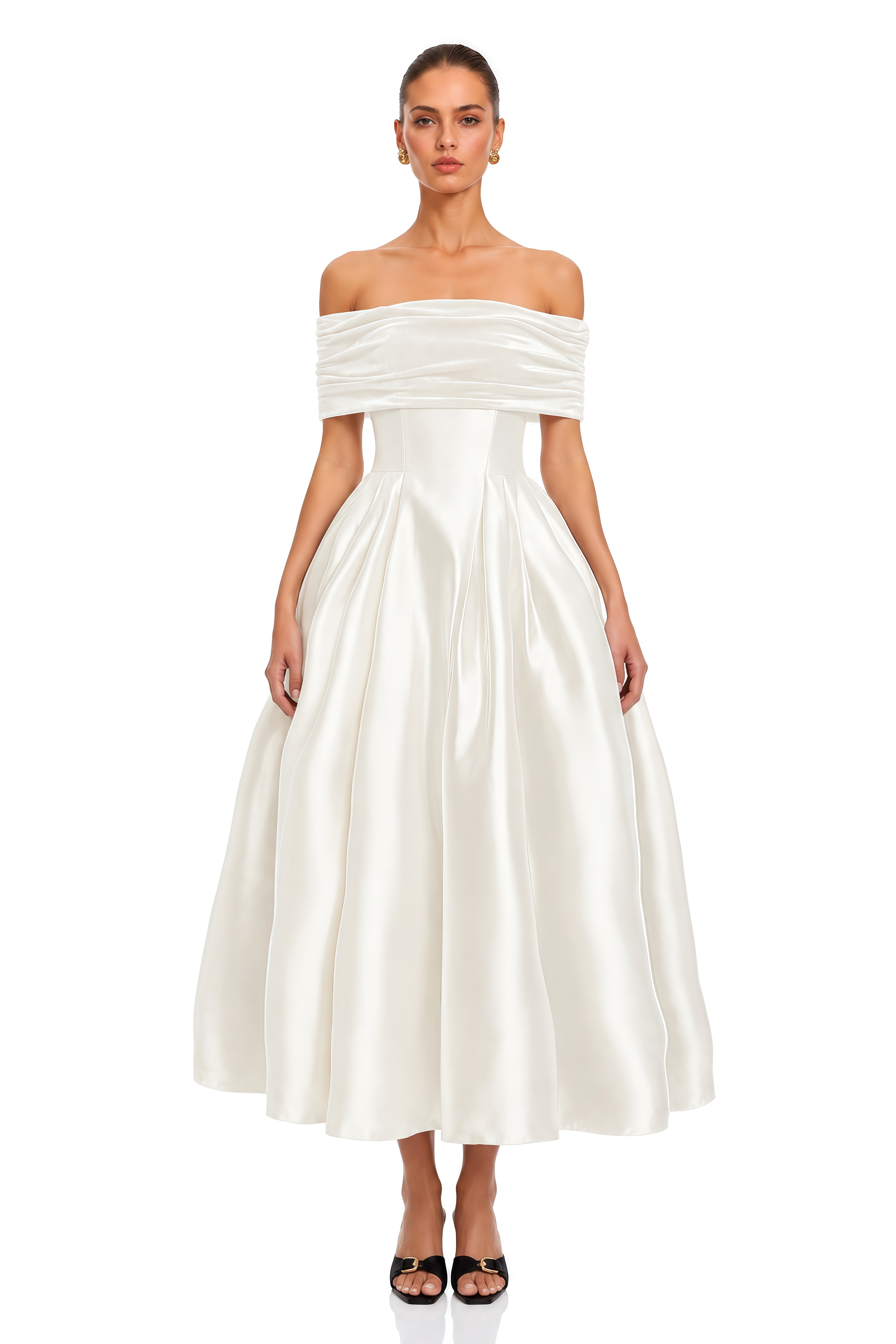 Ainara White Off Shoulder Polished Midi Dress