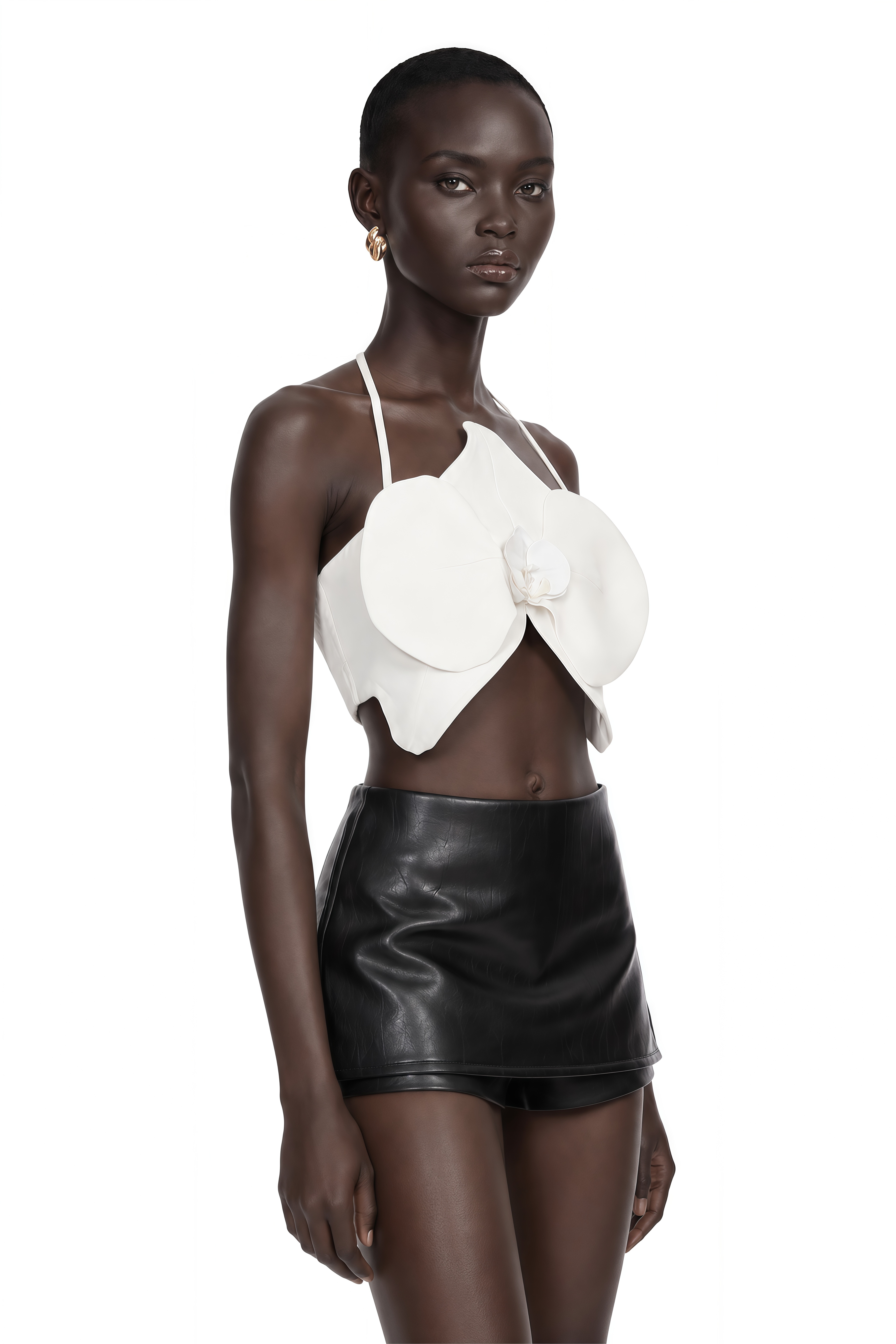 Leah White Halterneck 3D Petal Cropped Top