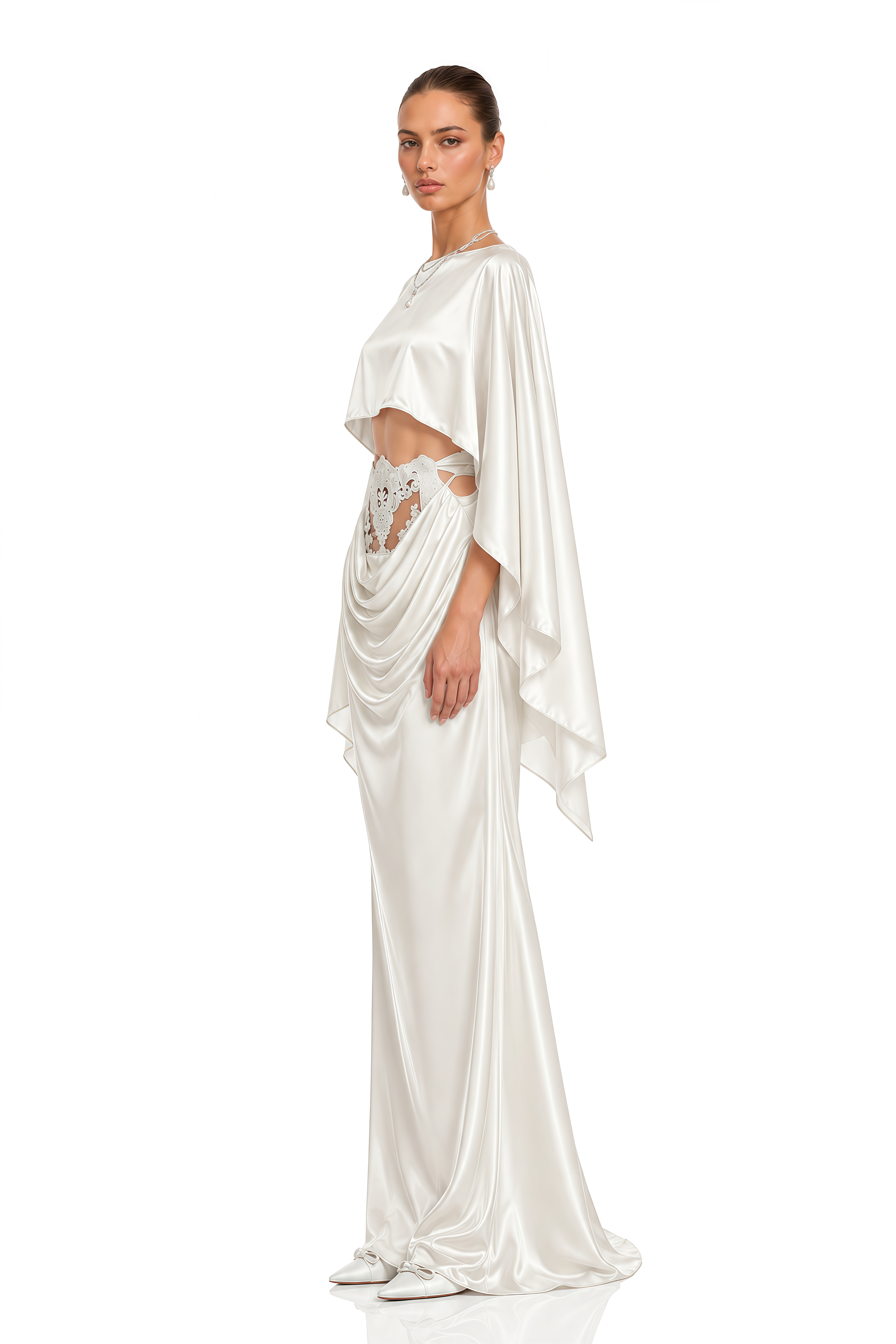 Amelia White Cape Top & Draped Skirt Set with Lace Panels