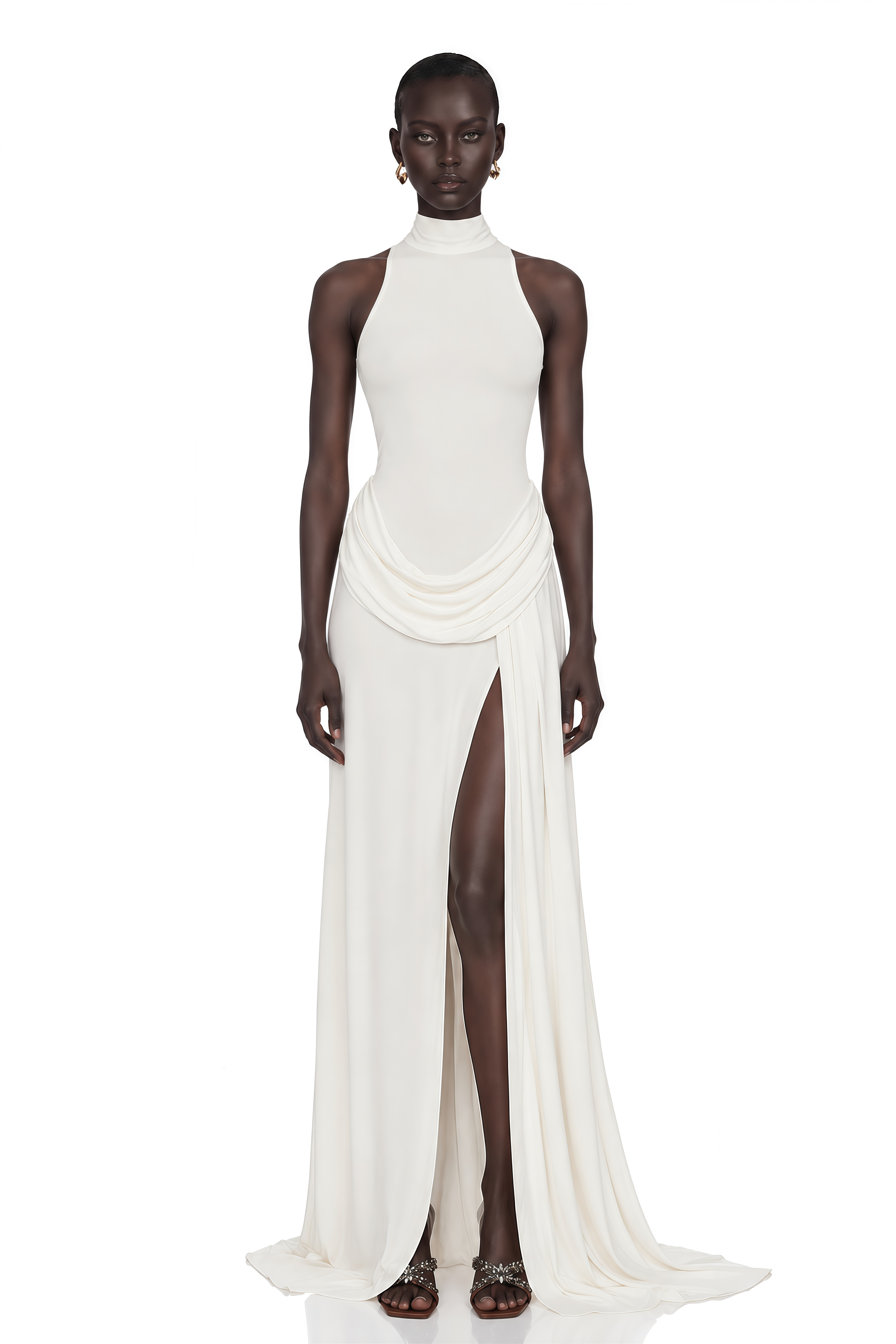Mystérieuse White Turtleneck Draped Maxi Dress