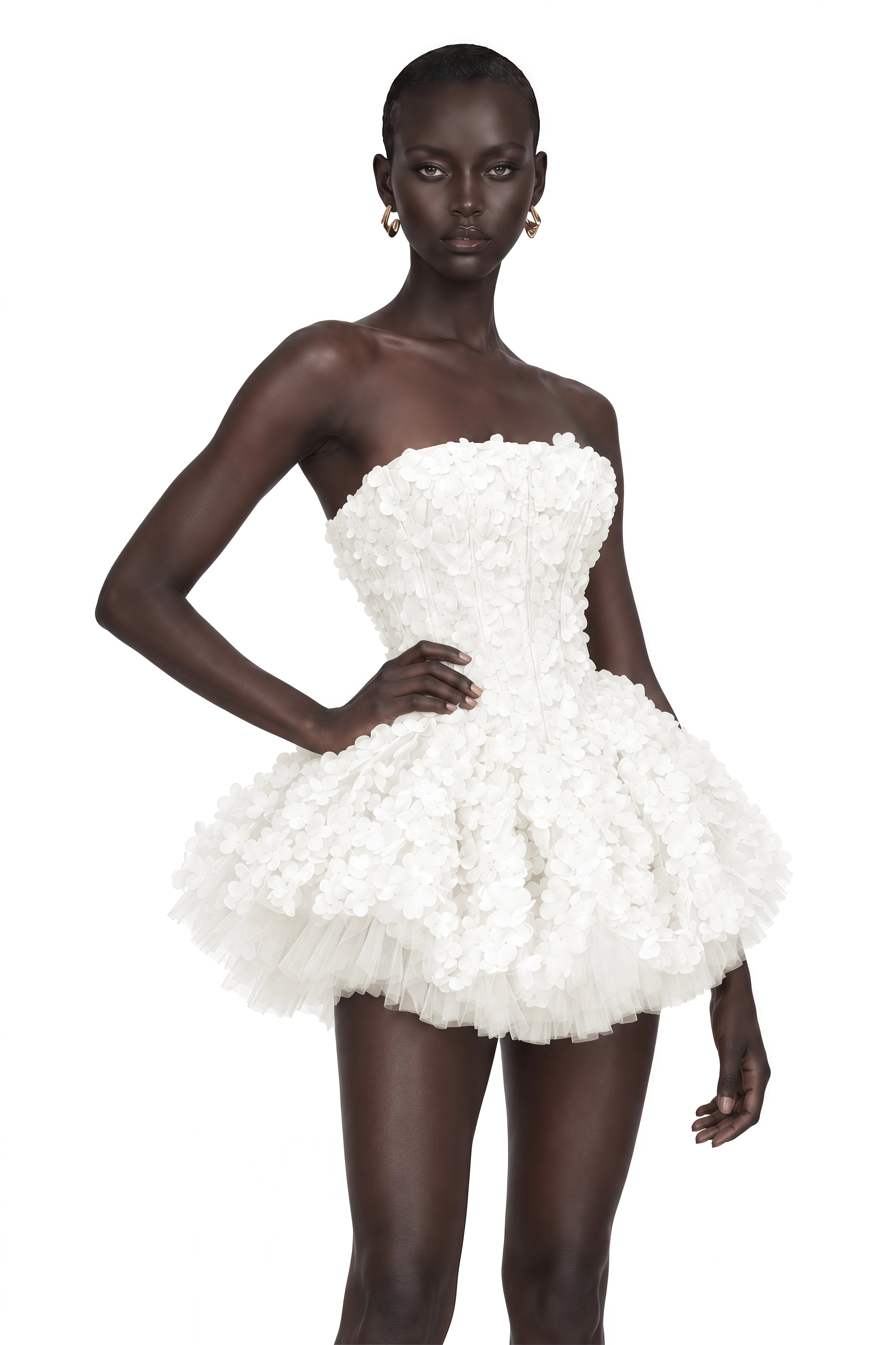 June White 3D Petal Puff Mini Dress