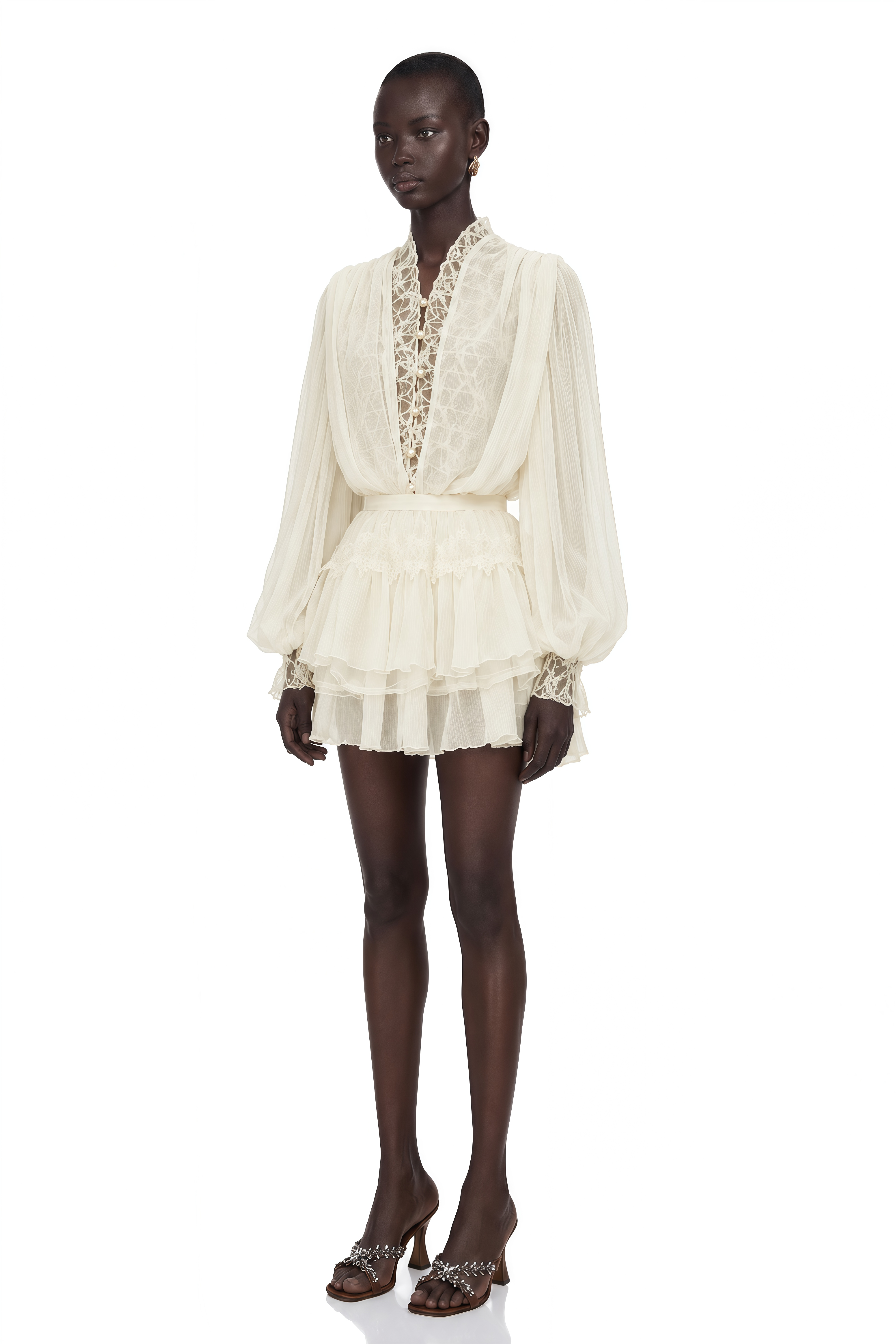 Sophie White Lace Trim Blouse & Tiered Skirt Set