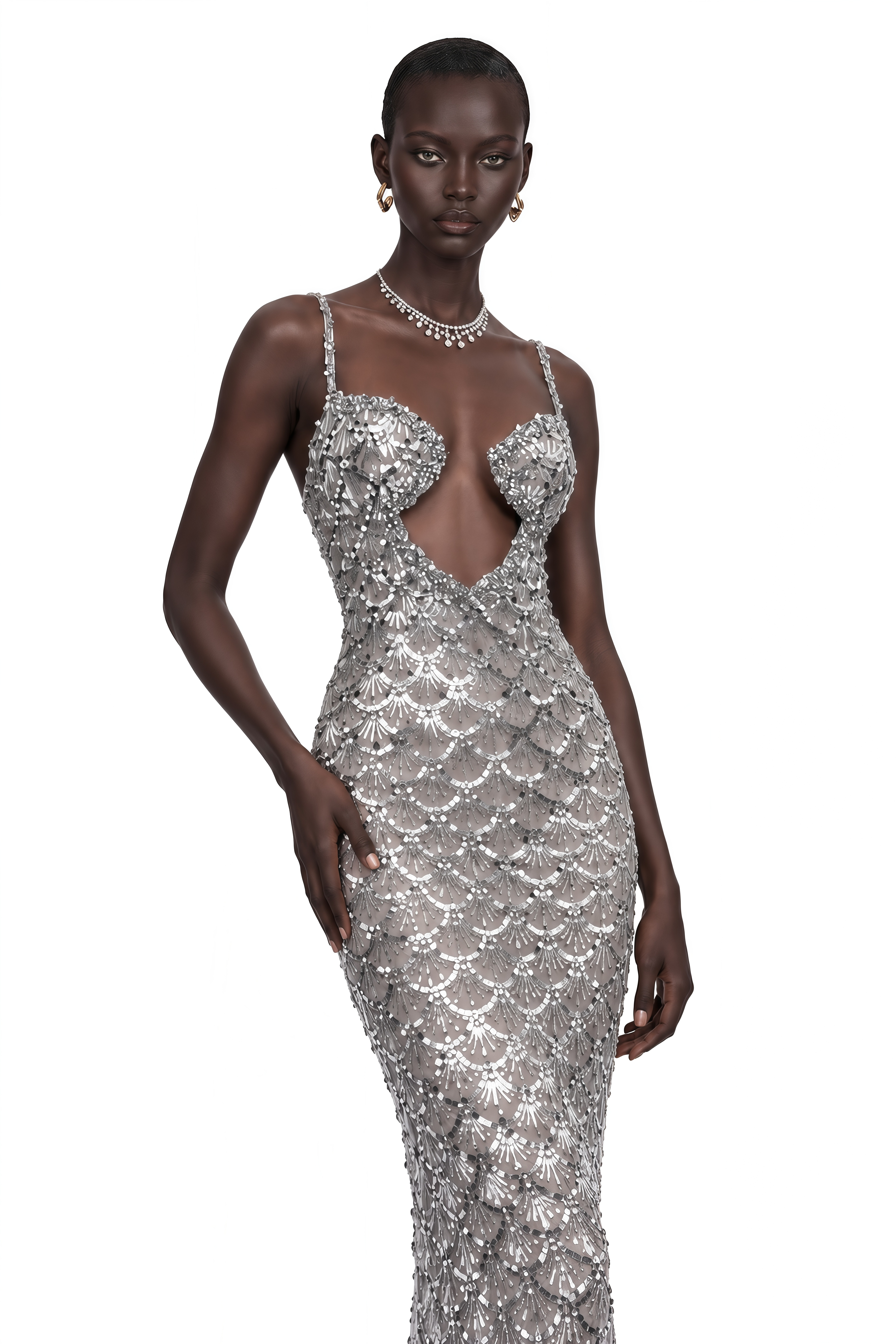 Tehila Silver Embellished Mermaid Maxi Dress