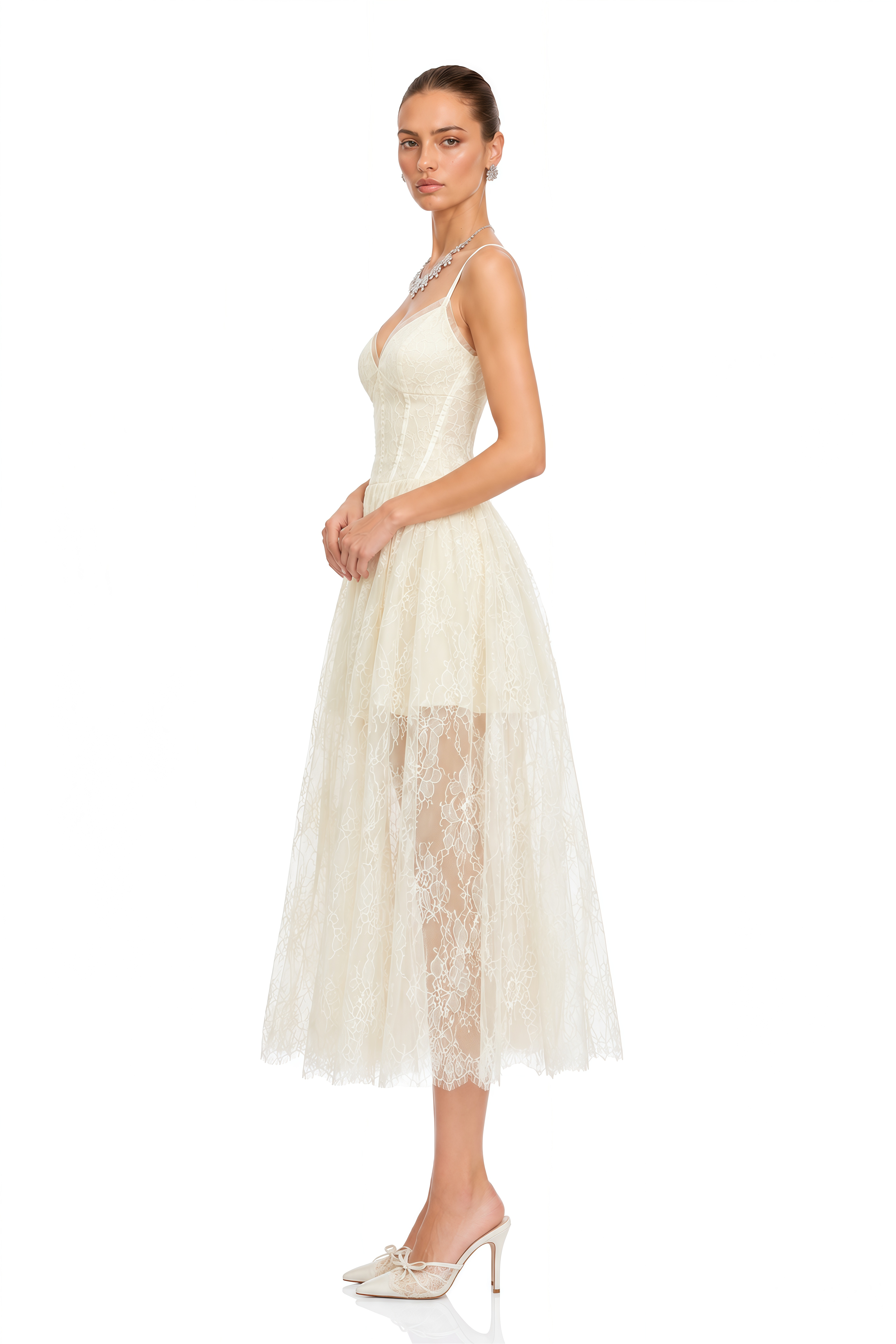 Ikaroa Cream Sweetheart Lace Midi Dress