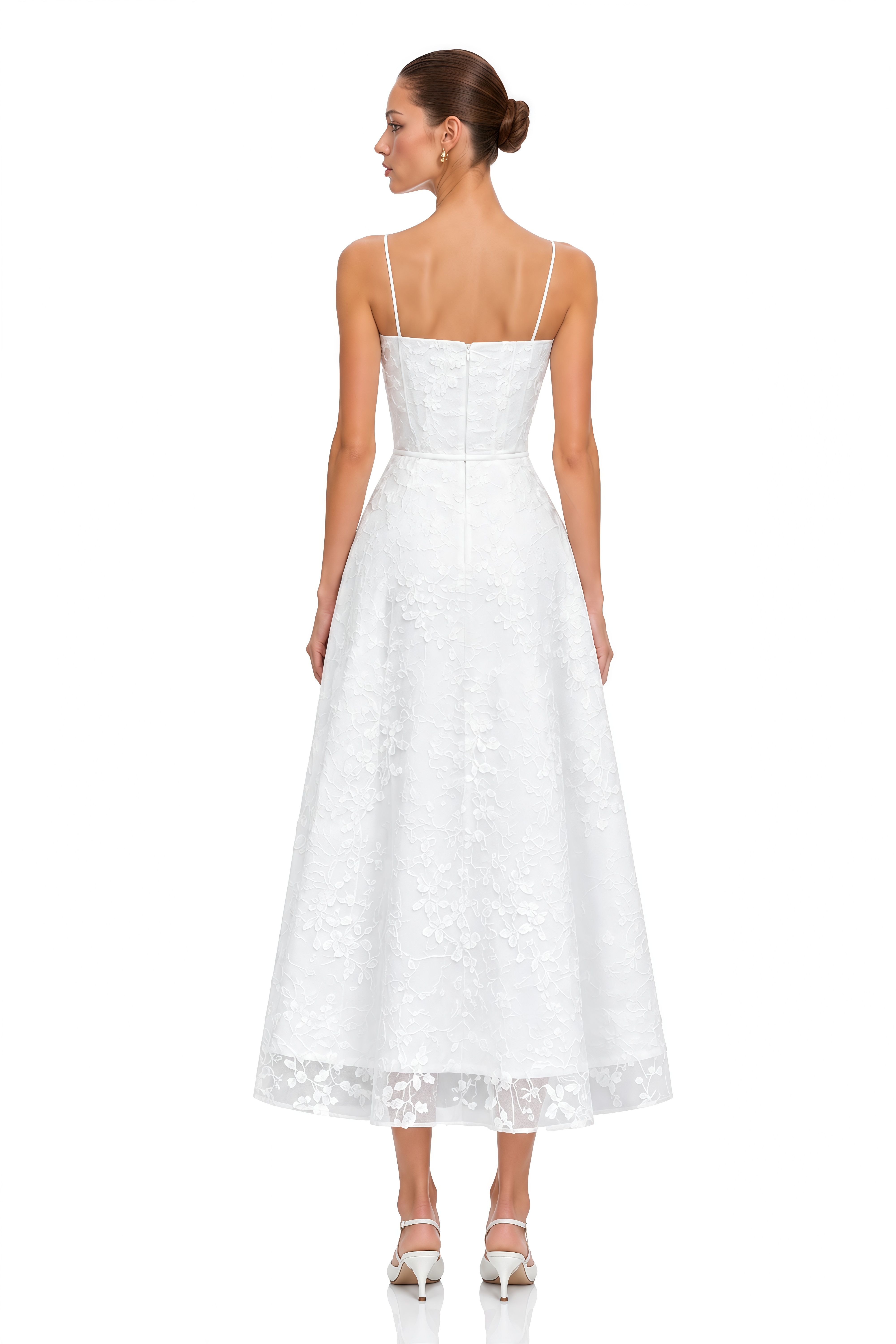 Loretta White Square Neck Midi Dress with 3D Florals