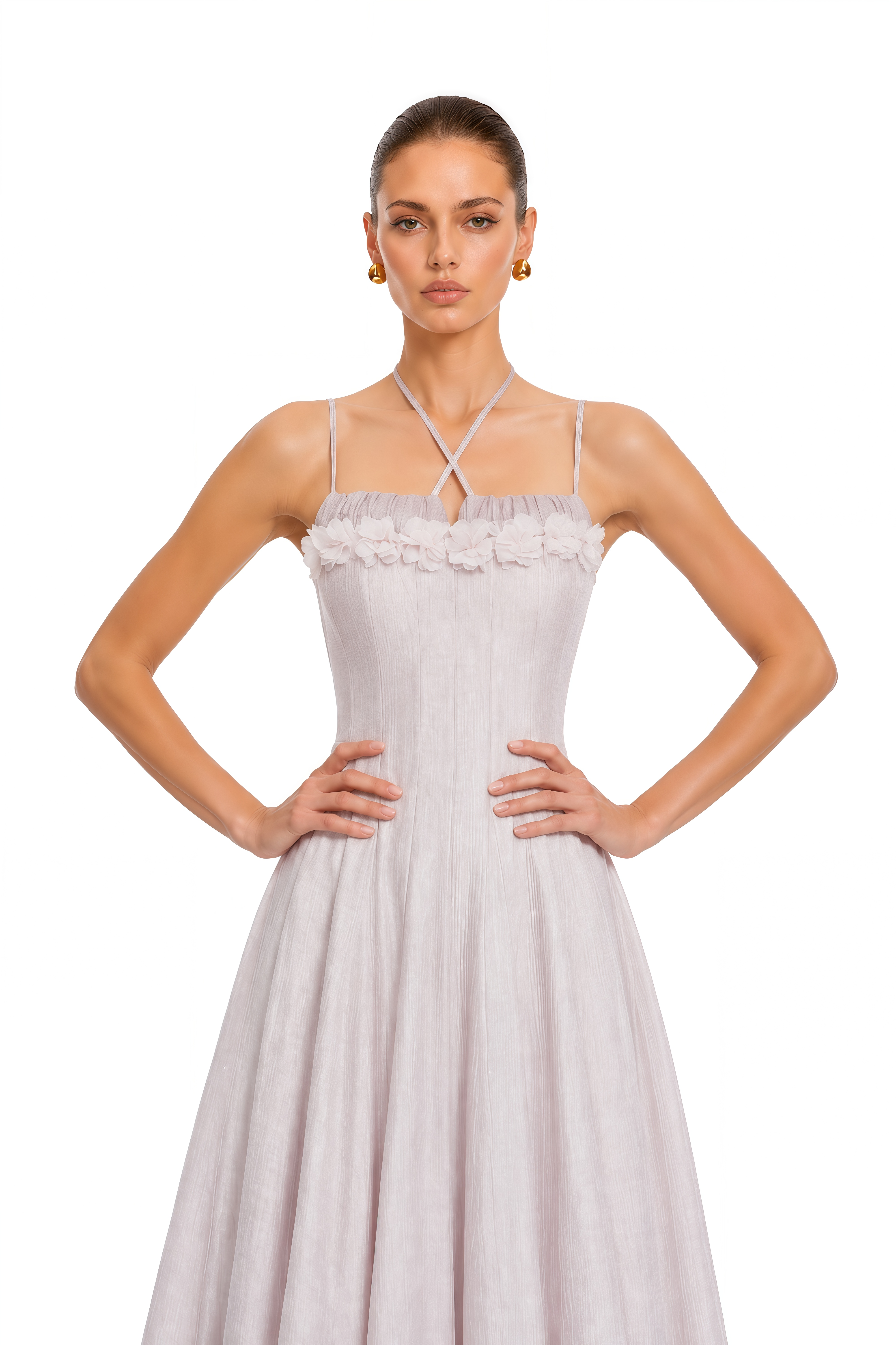 Emma Purple Halterneck 3D Floral Cinched Midi Dress